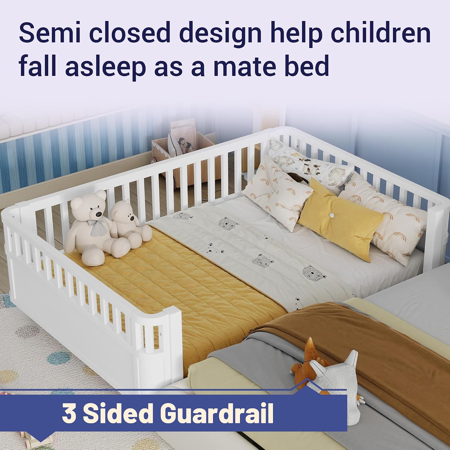 Full Size Kid Bed with Rails,Wooden Kids Day Bed with Detachable Safety Rails and Rounded Corners, Montessori Bed Frame with Headboard,Full Size Bed Frame for Kids Girls (White)
