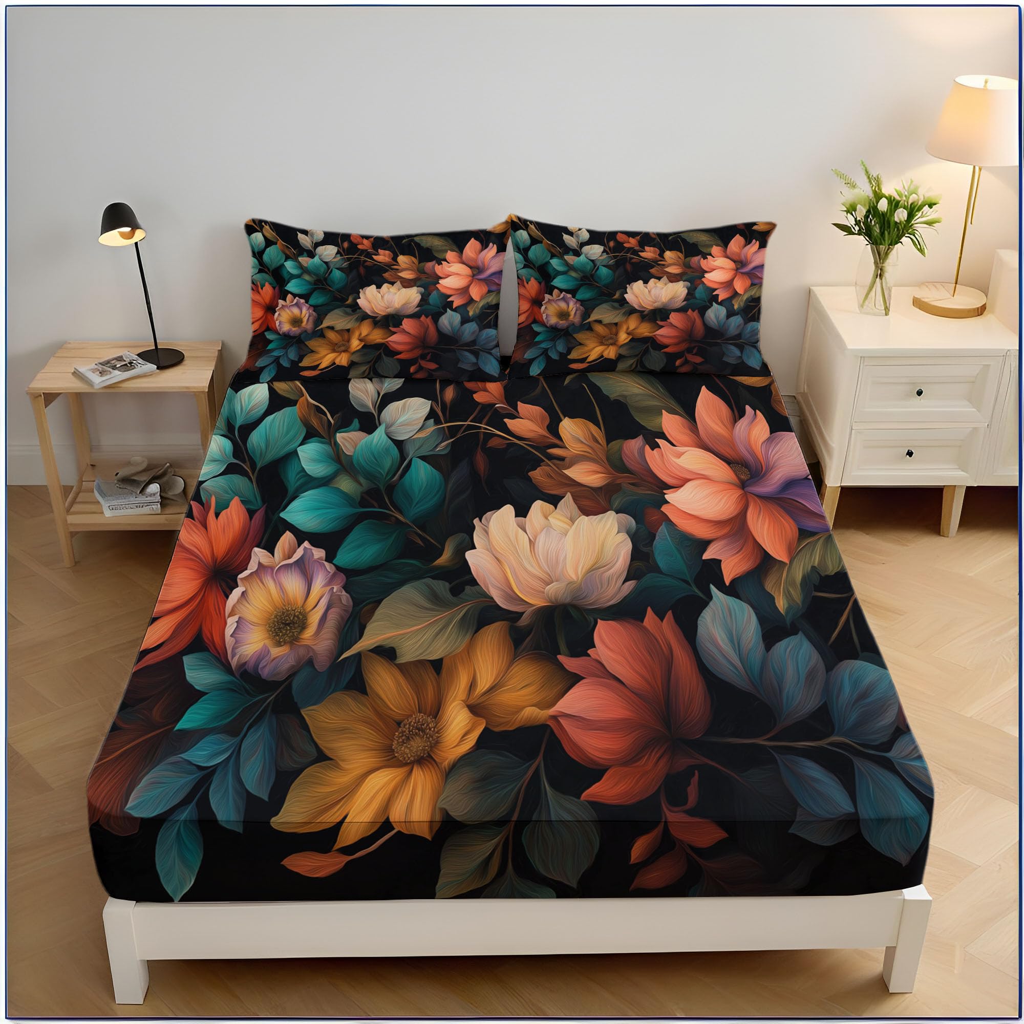 Drap housse enfant 90x190 imprimé fleurs au toucher soie et grand bonnet