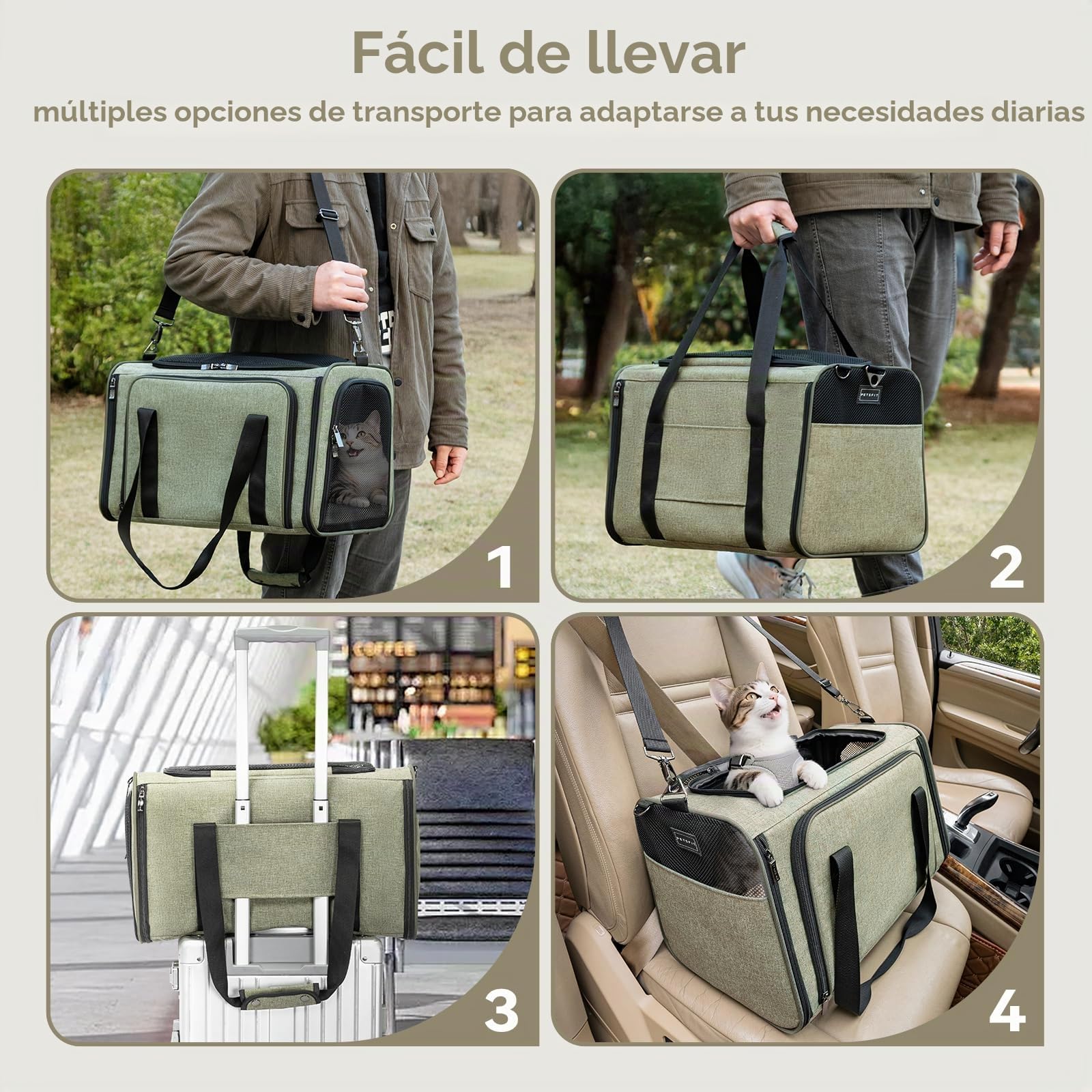 Petsfit - Transportín expandible para mascotas aprobado por aerolíneas, transportador de gatos y perros de lado suave portátil, con alfombrilla de felpa extraíble, cierres de seguridad con candado y
