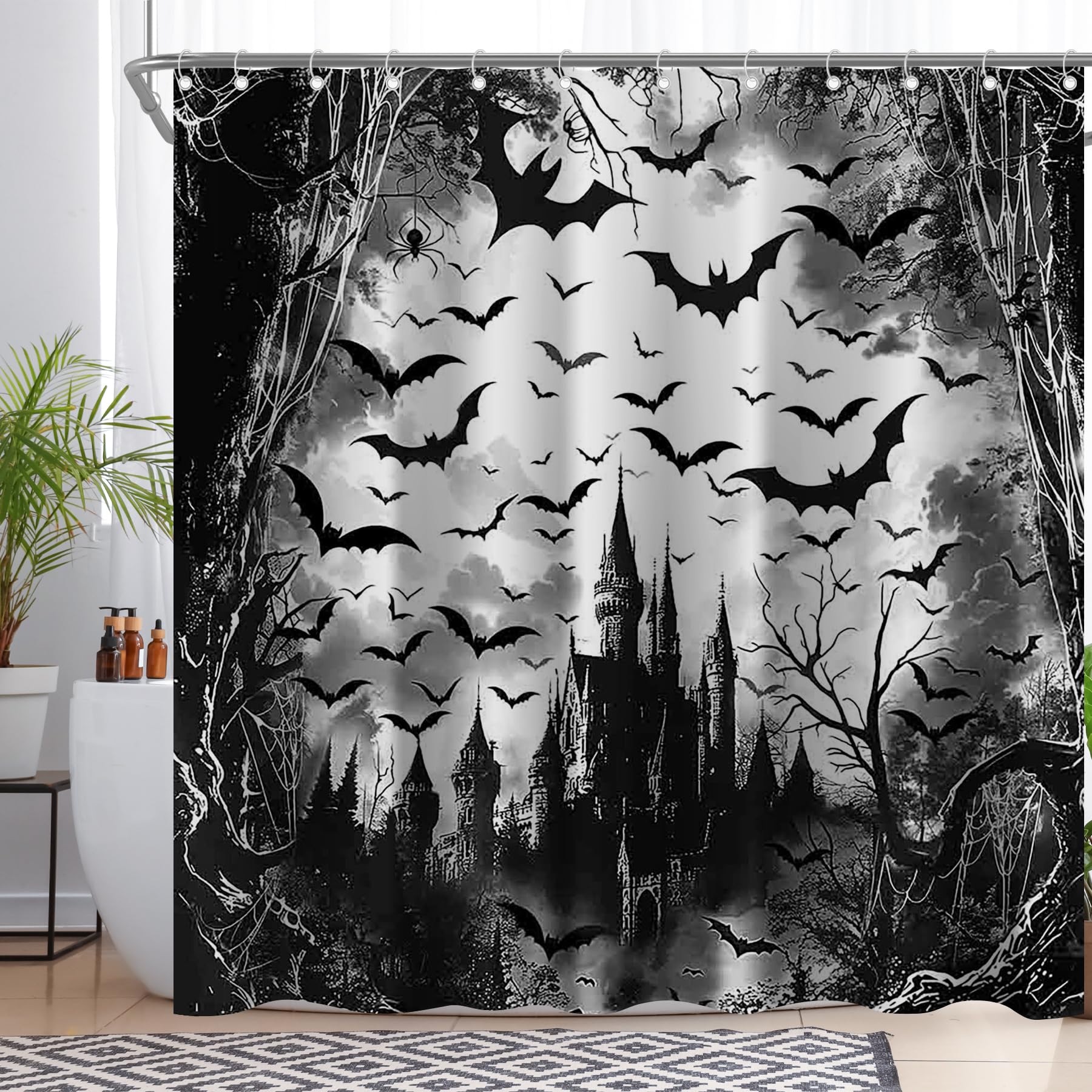 YCUCUEI Halloween Castle Shower Curtain for Bathroom Black and White Horrible Forest Bat Spider Web Home Decorations Sets with 12 Hooks Waterproof Polyester 72