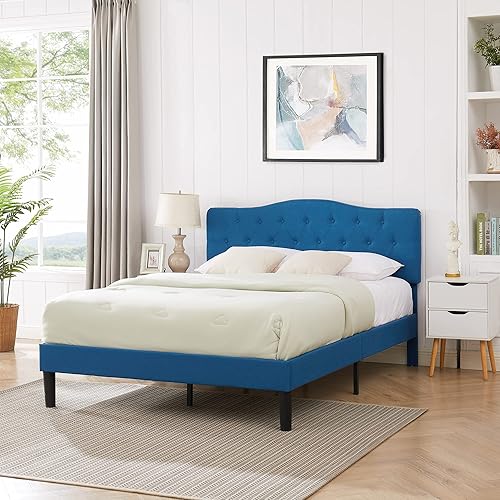 Miniatura 102 de VECELO Base de cama tamaño Queen tapizada con cabecera ajustable copetuda/base de colchón con soporte de listones de madera, fácil montaje, azul
