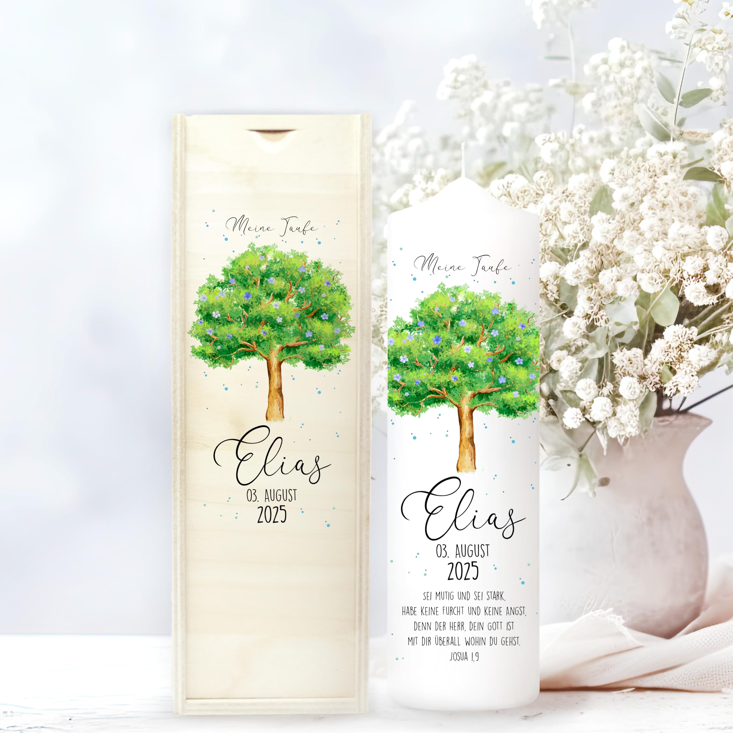 Wandtattoo Loft Taufkerze + Patenkerze Junge Motiv Lebensbaum mit Blüten, 25 cm x 7cm, personalisierte Kerze, bedruckte Kerze zur Taufe, Stumpenkerze, individuelles Taufgeschenk