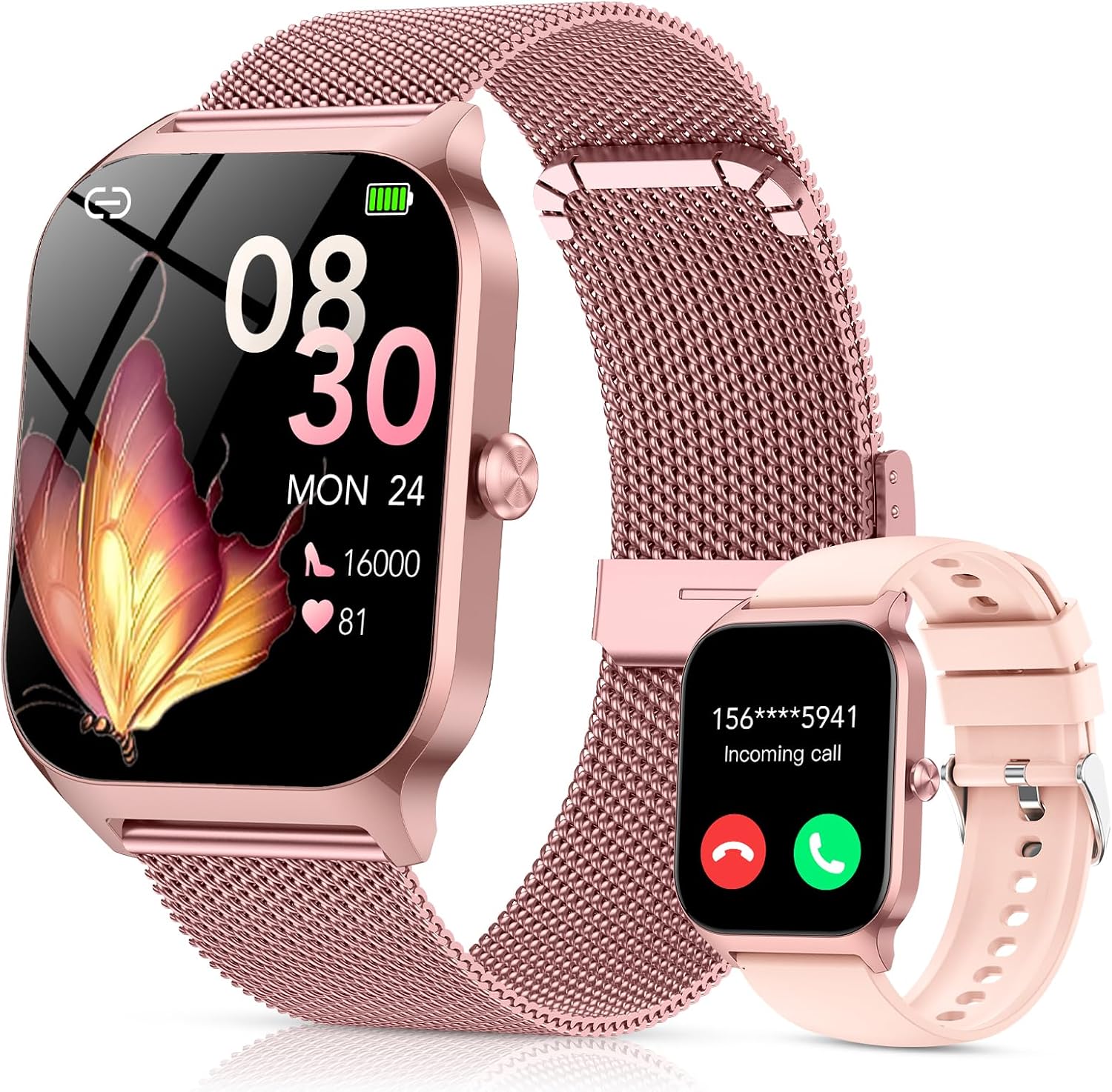 Smart Watch for Women Rose, Bluetooth Call Smartwatch with AI Voice,1.85" HD DIY Dial Fitness Watch, Heart Rate/SpO2/Steps/Sleep Monitor, 120+ Sports Modes, Waterproof Watch for Android iOS Dual Strap
