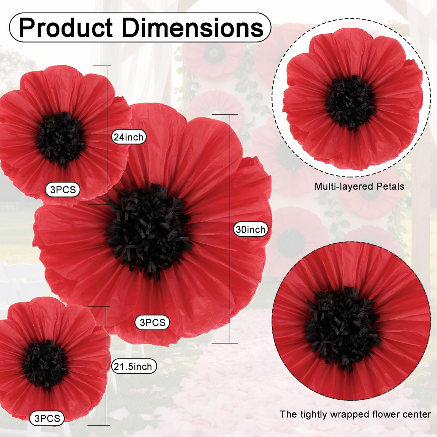 9 Pcs Giant Paper Flowers Decoration, 30'' 24'' 21.5'' Extra Large Tissue Flower for Wall Birthday Bachelorette Wedding Baby Shower Bridal Shower Party Decoration (Red Black)