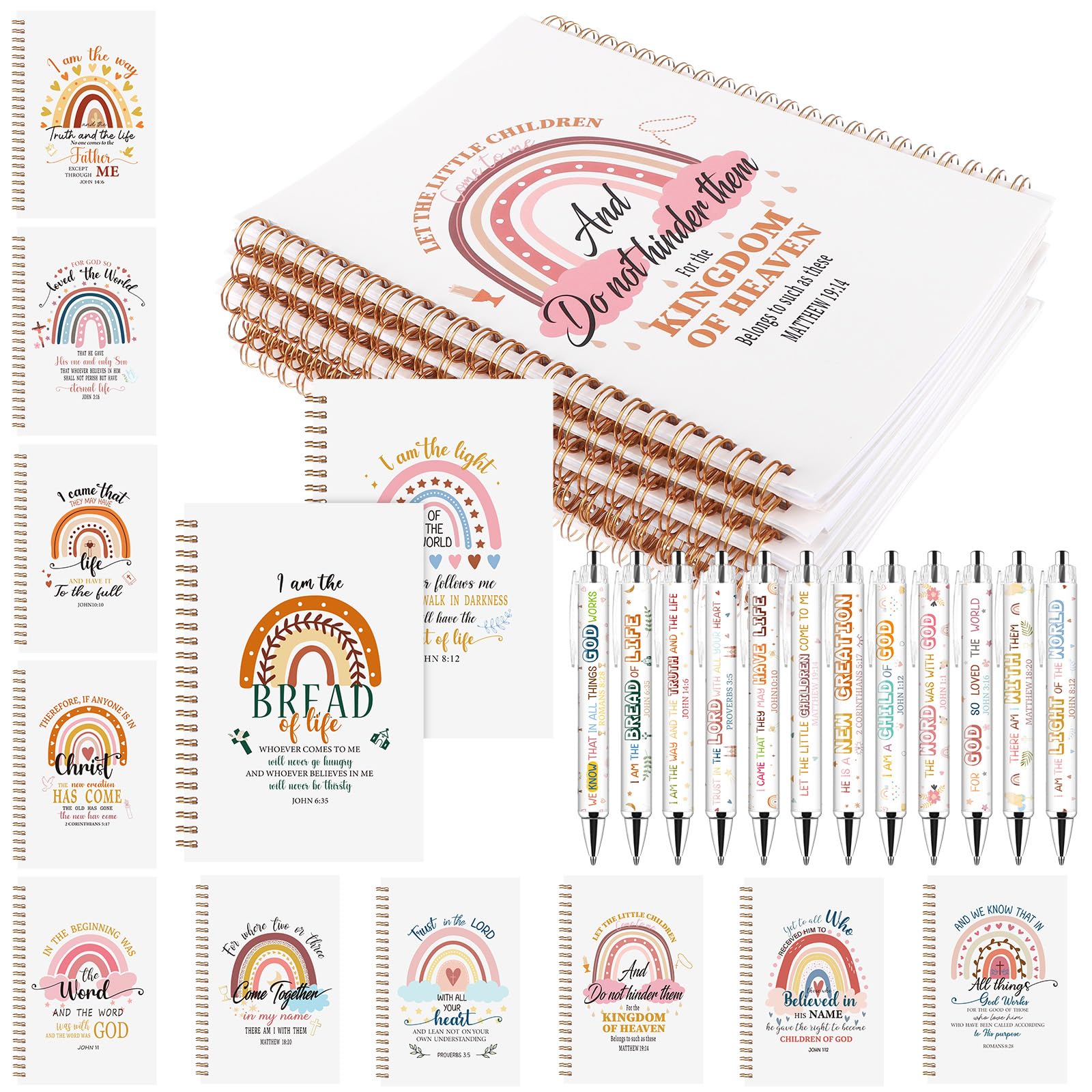 Kklolai 12 Sets Christian Gifts for Women Bible Verse Notebooks and Ballpoint Pens Rainbow Bible journals Scripture Pens Inspirational Religious Gifts for Church Sunday School Prizes Study Supplies