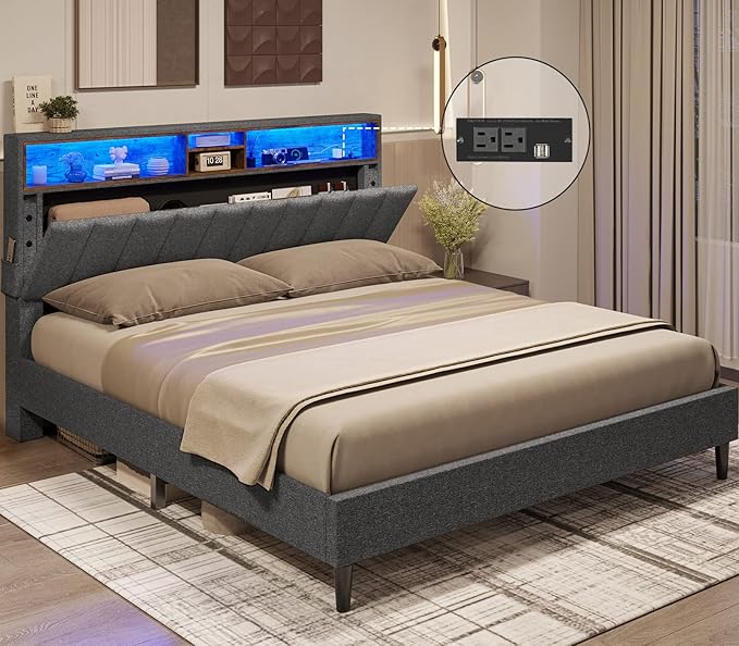ADORNEVE Full Size Platform Bed Frame with Outlet, USB Ports and Storage Headboard