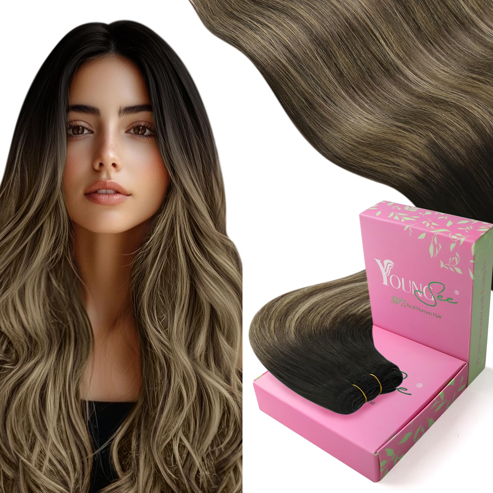 YoungSee Tressen Echthaar Balayage 50 CM Echthaar Tressen zum Einnahen Schwarz Balayage Braun Blond Haartressen Extensions Weft Extension Echt Haare fur Damen 100 g