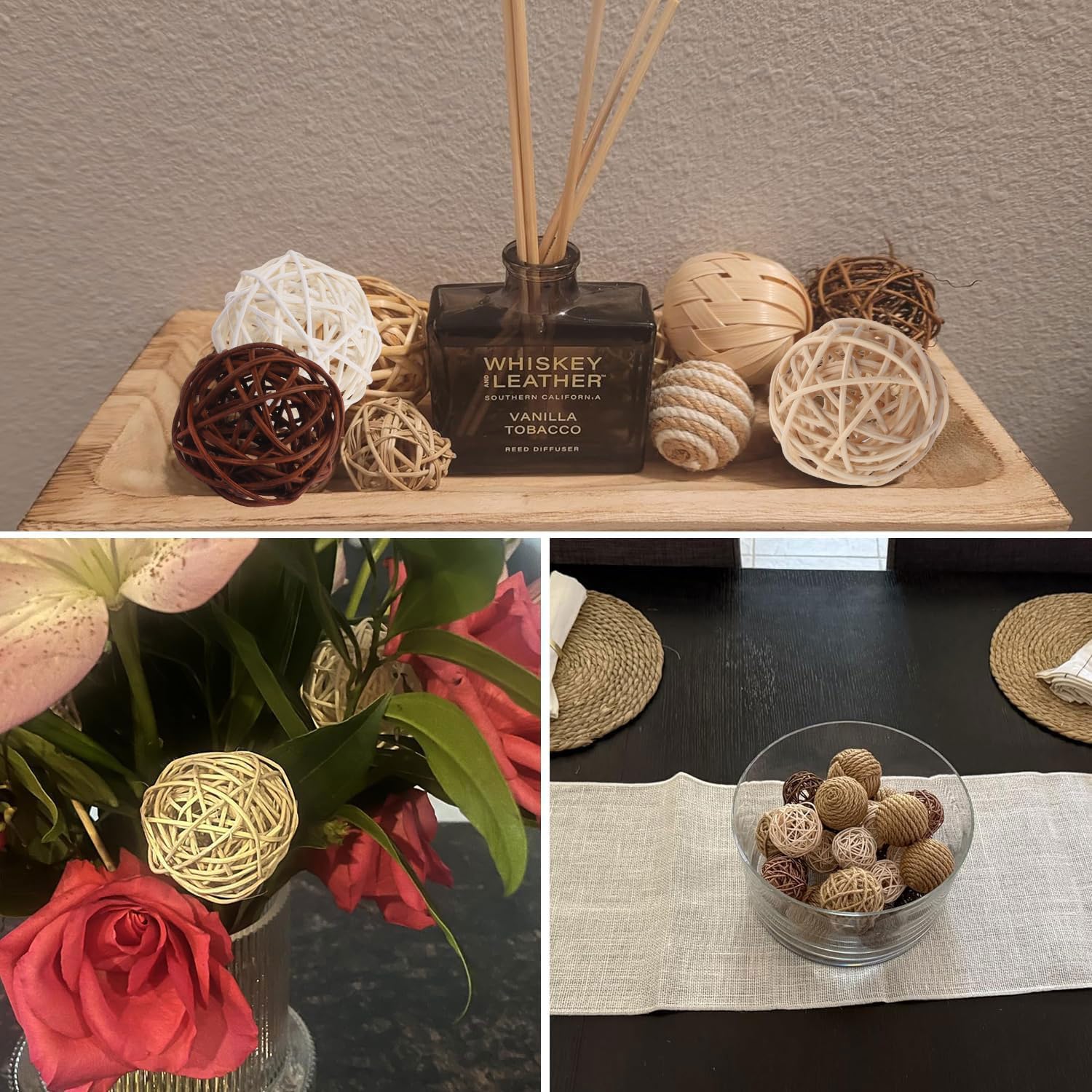 18 Piezas Bolas de Ratán, Bolas Decorativas de Mimbre, Mimbre Ratán Decorativas 3 Tamaños para Decoración de Mesa Fiesta Colgante Aromaterapia Aroma Conejo Pájaro Loro Masticar Juguete