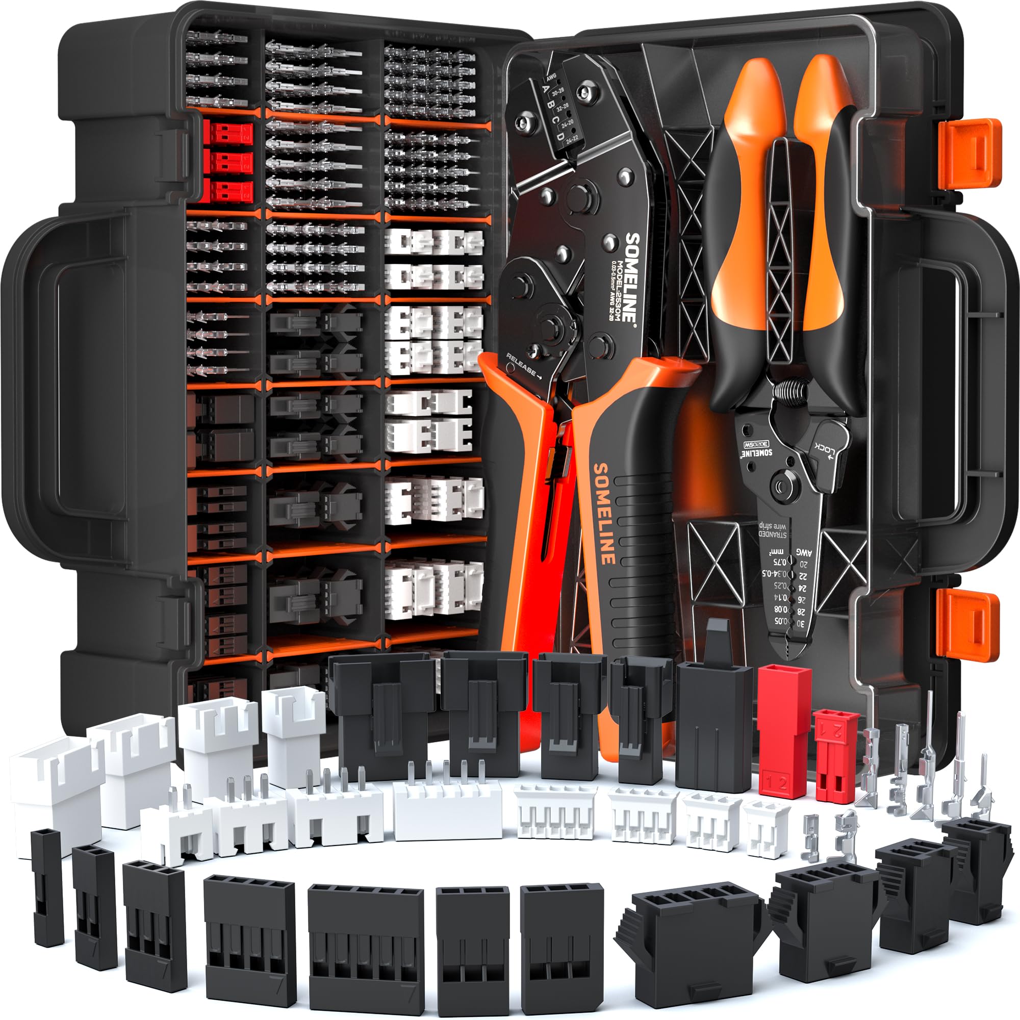 Crimp Tool Connector Kit, JST-XH/SM/SYP 2.5mm and Du pont 2.54mm Connector Set, 27 Types of Connectors, 30-20 AWG Ratcheting Crimper for JST Series,KF2510,Molex,AMP EI Series