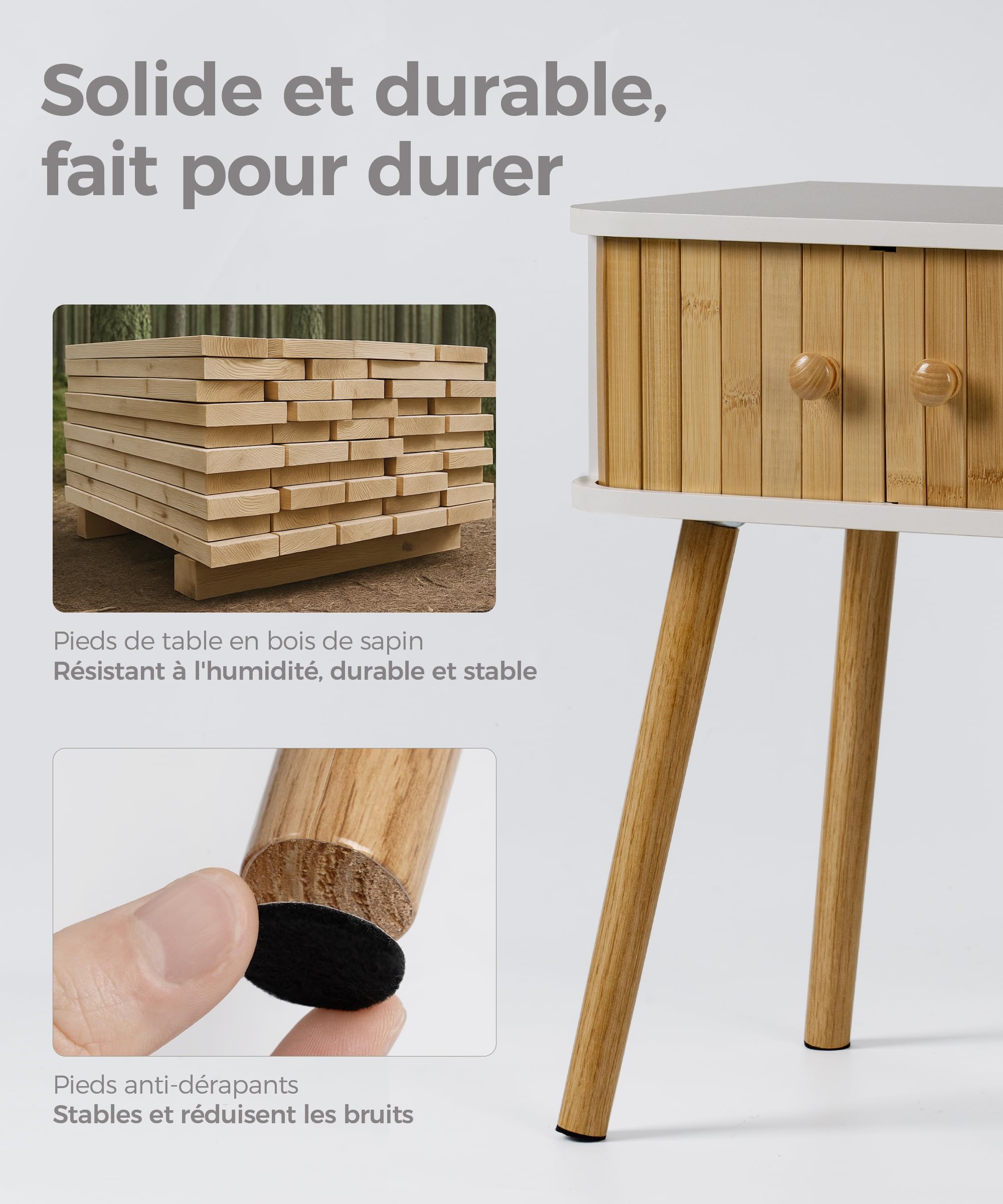 SUMGAR Tables de Chevet Blanche Table de Nuit Commode Bambou avec 2 Portes Coulissantes, Pieds en Bois Massif, Table d’Appoint, pour Chambre, Salon, Décoration Boho 38x30x15cm Blanc