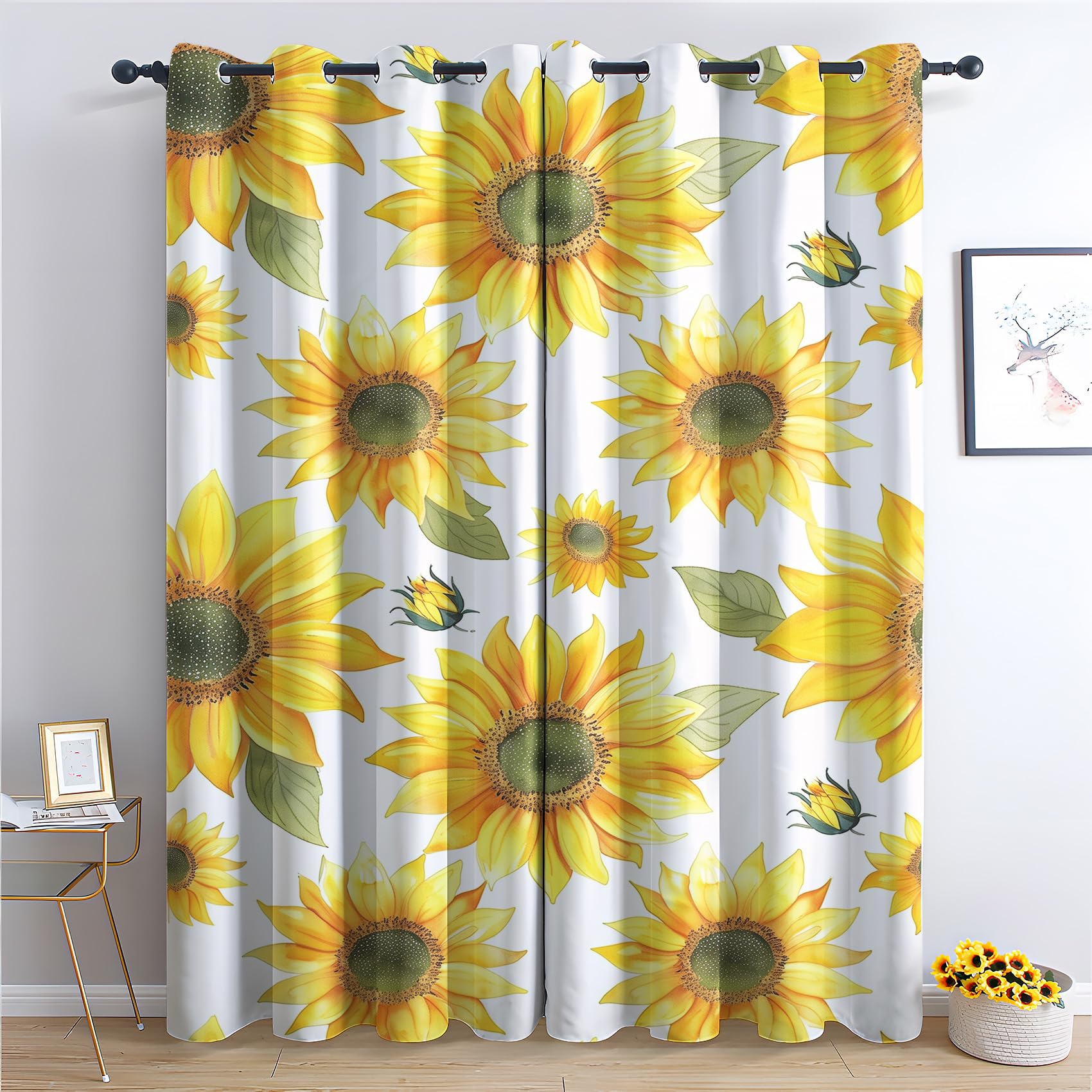 Rideau Occultant Thermiques Tournesol - Rideau Fleurs Jaune Tournesols Floral, Lot de 2 Rideaux à Oeillets pour Decoration Chambre Salon, Draperies Intérieurs Fenetre, 117x137 cm (LxH)