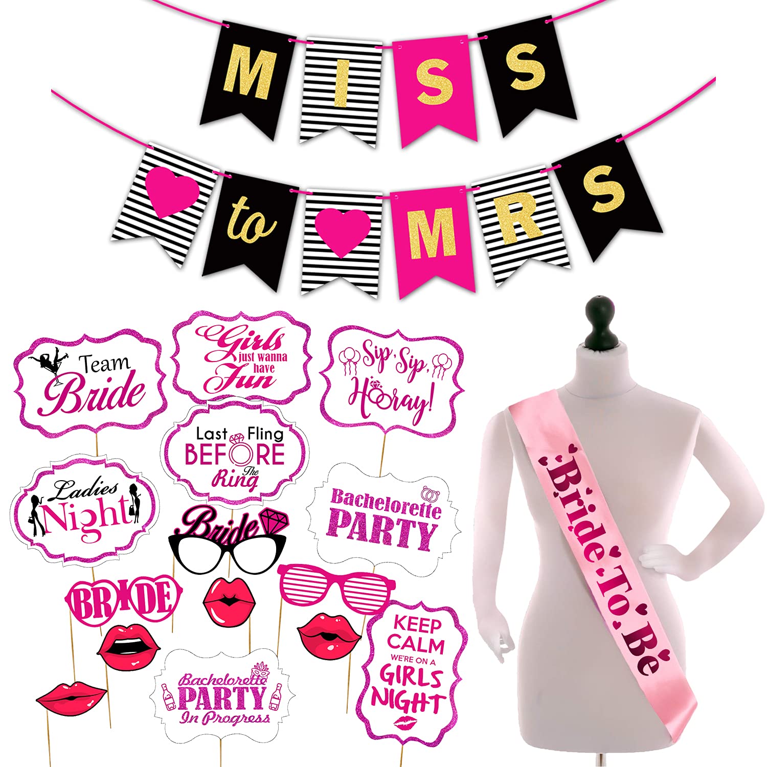 Zyozique Bachelorette Zyoziques Kit. Ultimate Bridal Shower Supplies Pack, 17 Piece Bride to Be Package. Paper Banner, Photo Booth Props and Bride to Be Sash.