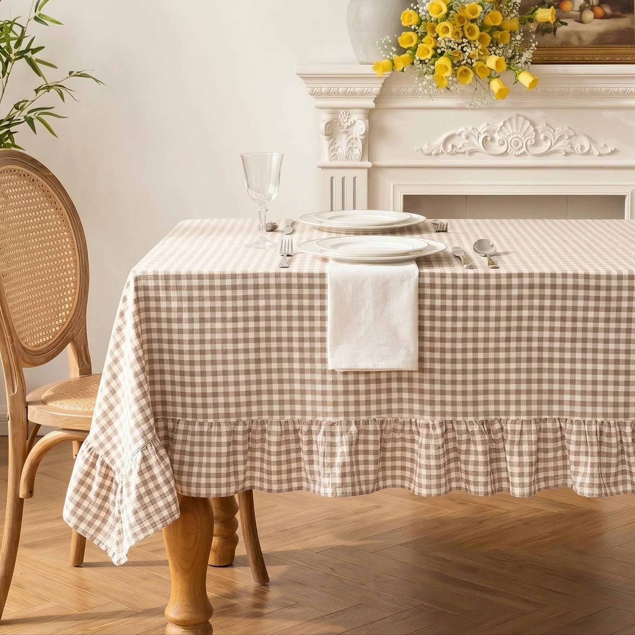 3E Home Taupe Gingham Washed Cotton Ruffle Table Cloth 178 x 132 cm