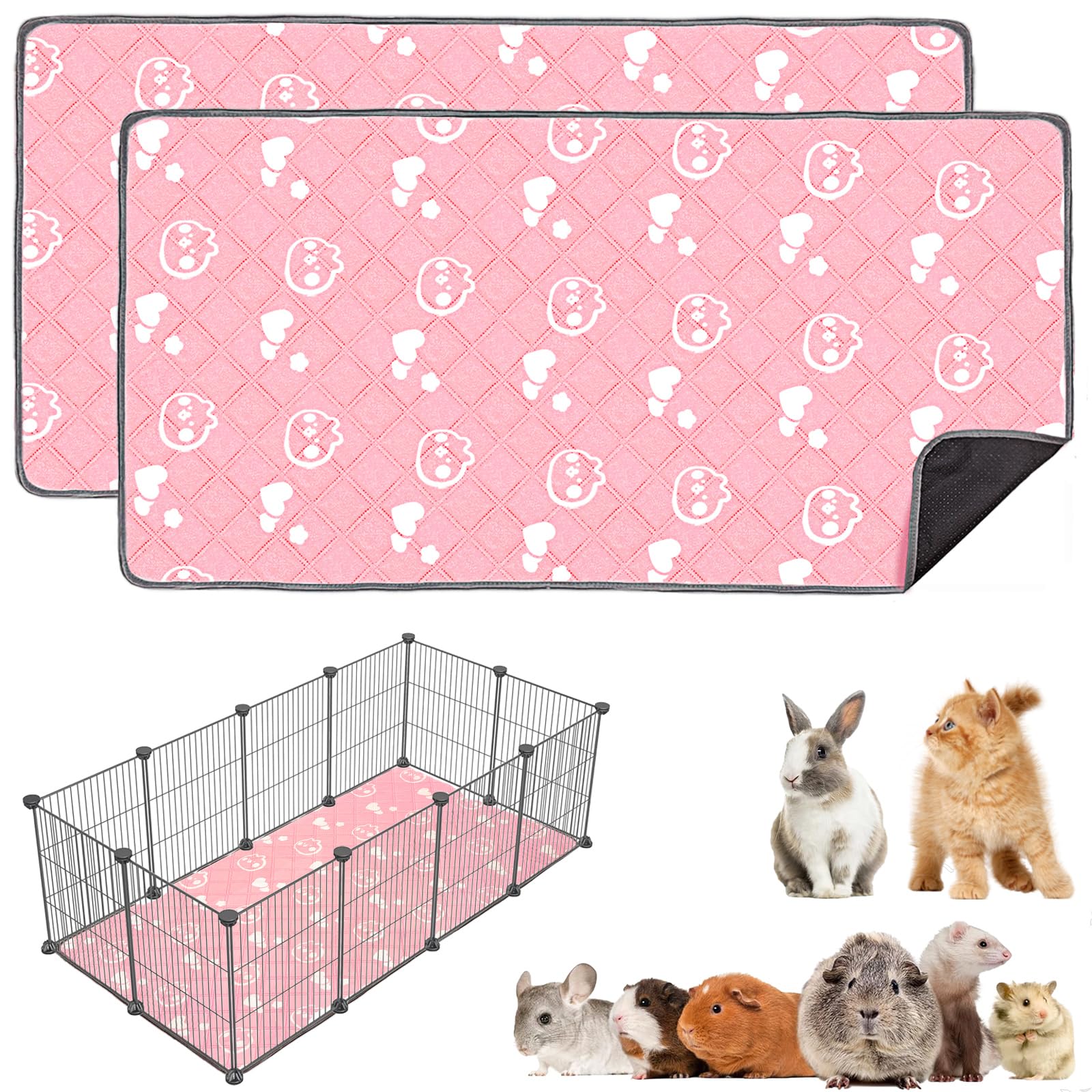 Mooydee 2 Pack Guinea Pig Bedding - Washable Guinea Pig Liners for C&C 2x4 Cage, Waterproof Reusable & Anti Slip Pee Pads Super Absorbent Mats for Small Animals Rabbit Hamster Rat (Pink, 57 x 28 Inch)