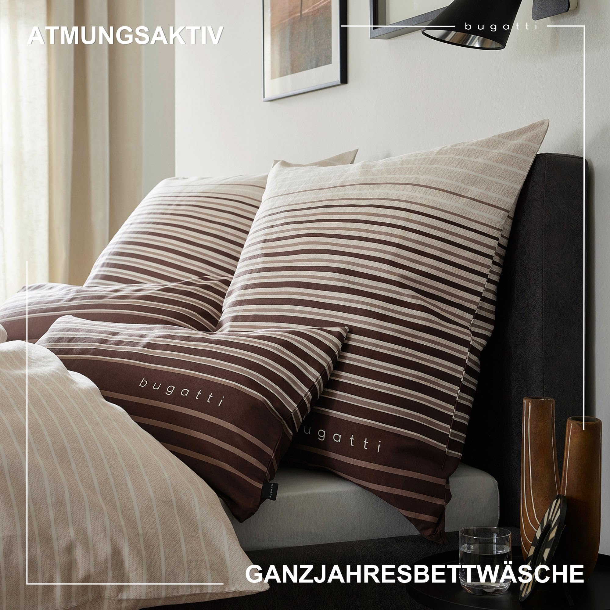 bugatti Bettwäsche 135x200 cm - 100% Baumwolle, Reißverschluss, anschmiegsam, weich & waschbar, Satinbettwäsche braun gestreift