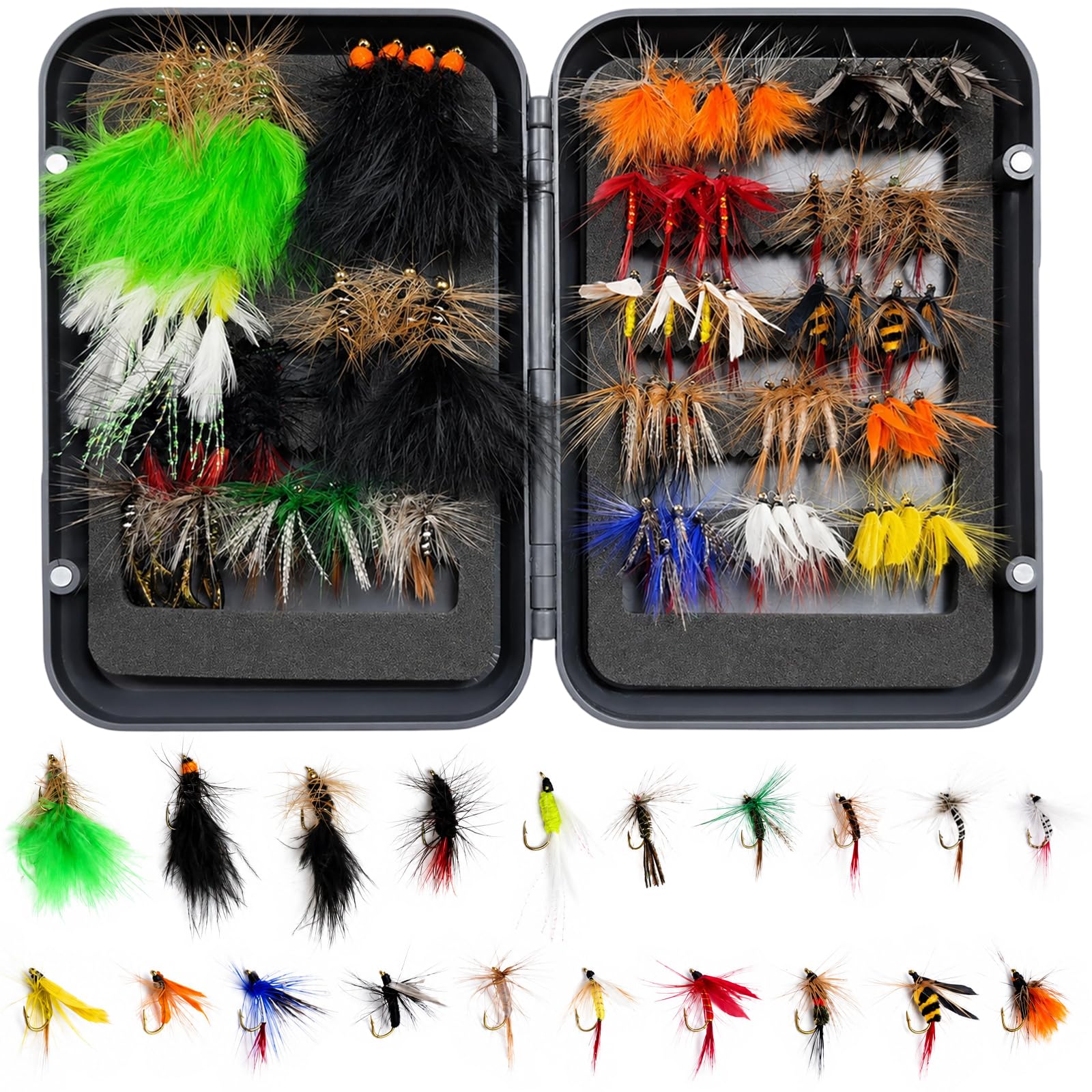 Seconero 80PCS Fly Fishing Flies Set Trout Fly Fishing Flies, FlyFishing Accessories 20-Pattern, FlyBox Including Dry Flies, Wet Flies, Nymphs, Streamers,Terrestrials for Trout Bass Salmon