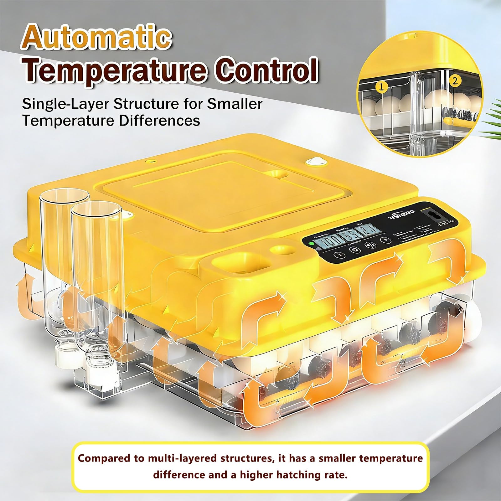 Incubadora Profesional con llenado automático de Agua, Contador de días, ovoscopia y Control climático Completo para máxima tasa de eclosión 48Eggs