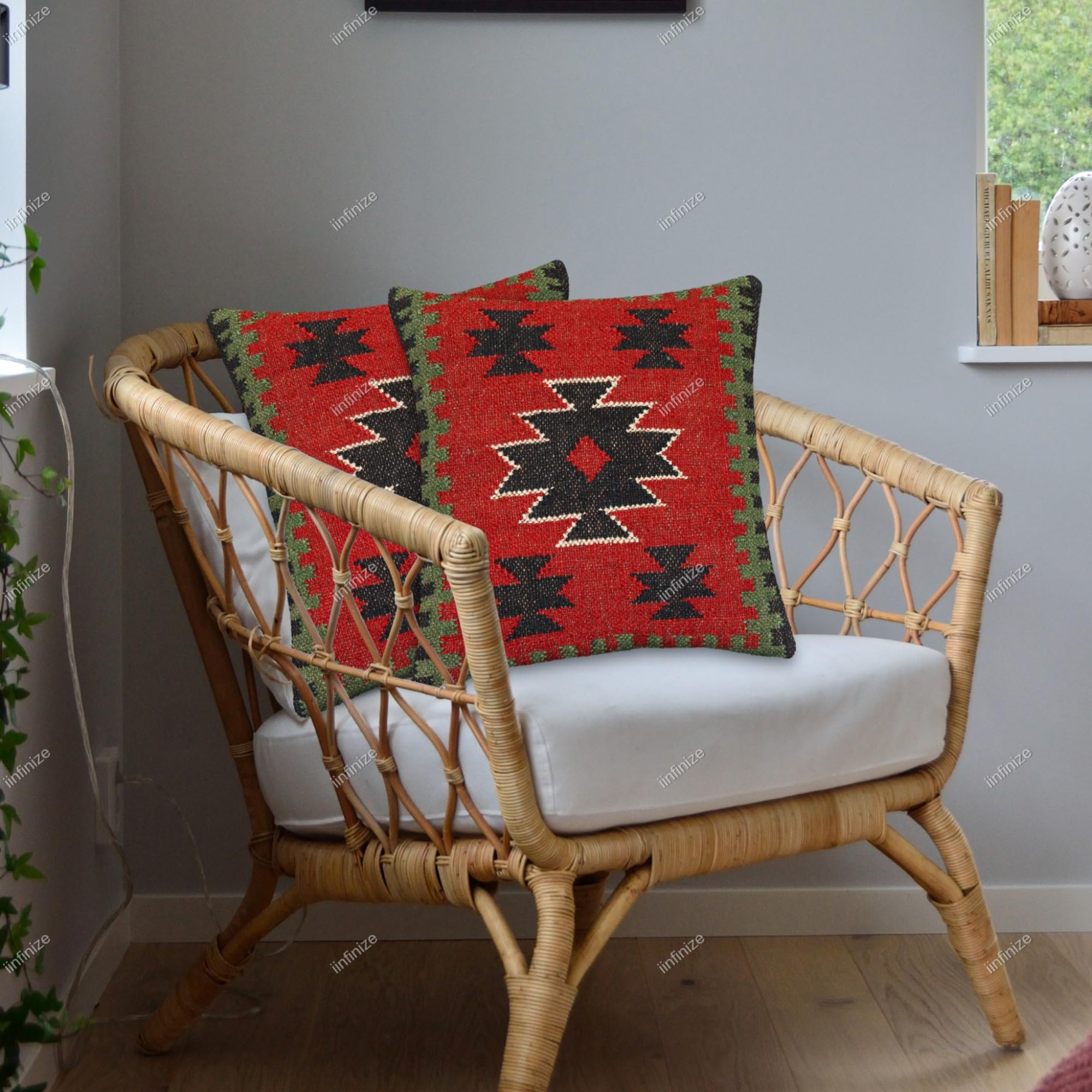Housses de coussin 45x45 laine et jute fait main style bohème et motif oriental traditionnel