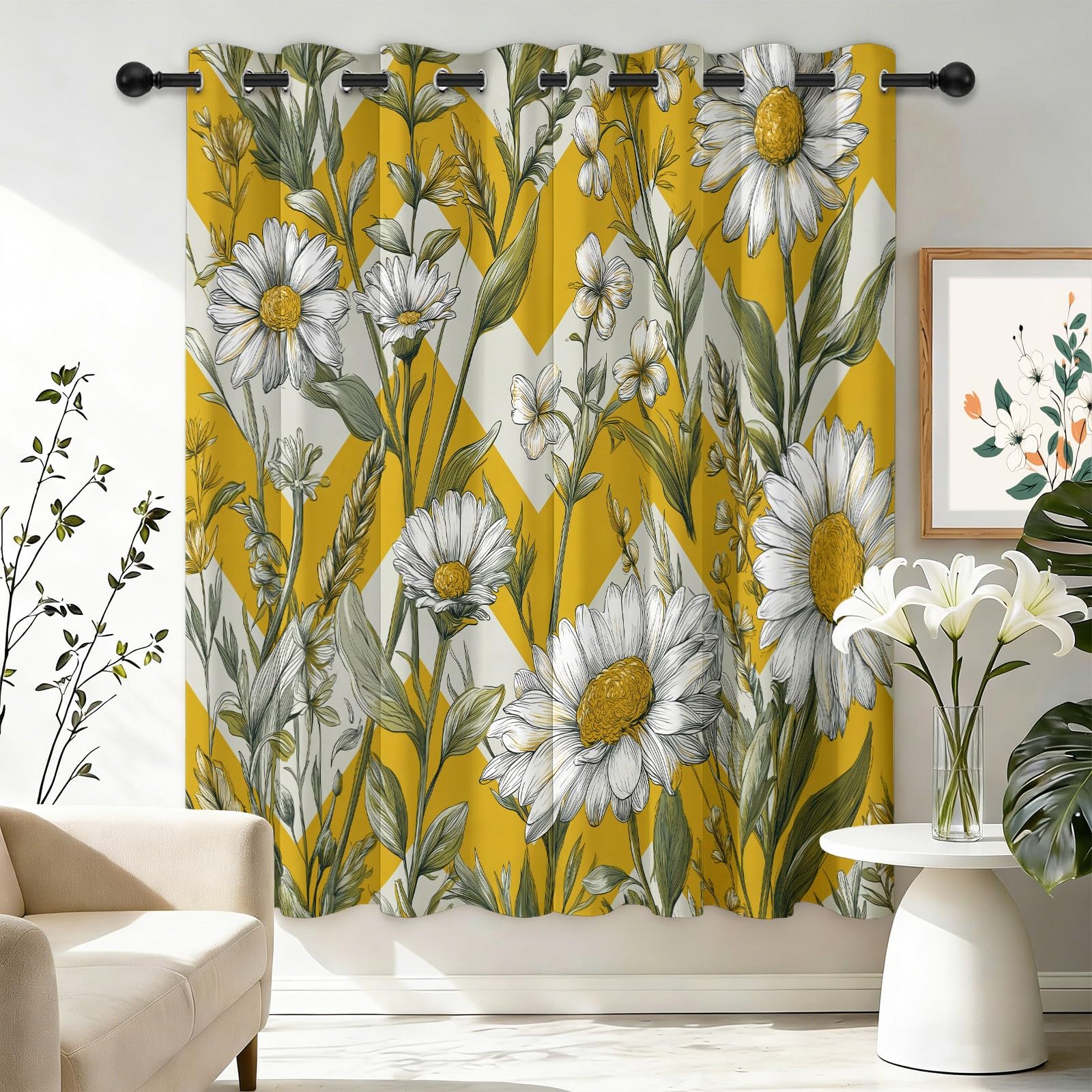 Rideaux à Oeillets Decoration pour Salon Ambiance Marguerites et Chevrons Jaunes 75 x 166 cm