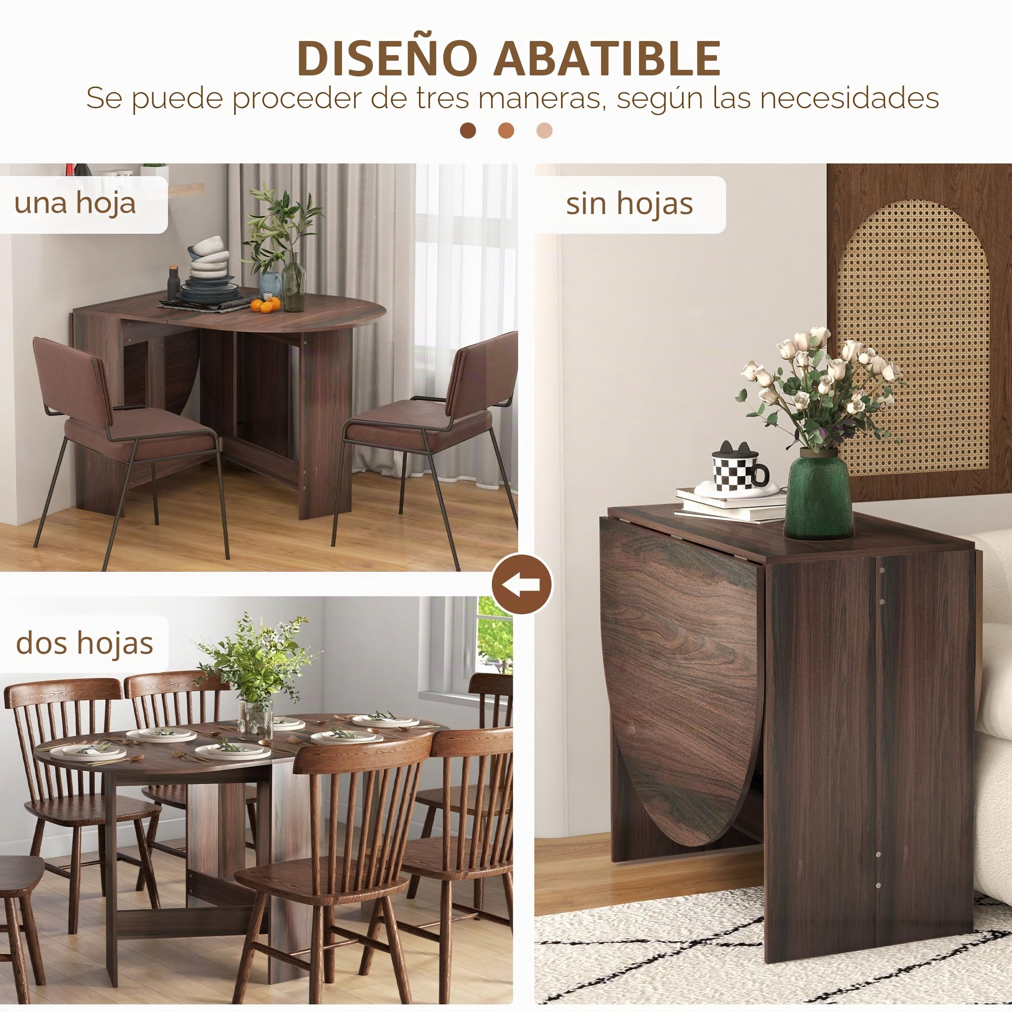 HOMCOM Mesa ahorra espacio de madera con 2 solapas ovaladas, mesa plegable para comedor y cocina, 163 x 80 x 75 cm, marrón