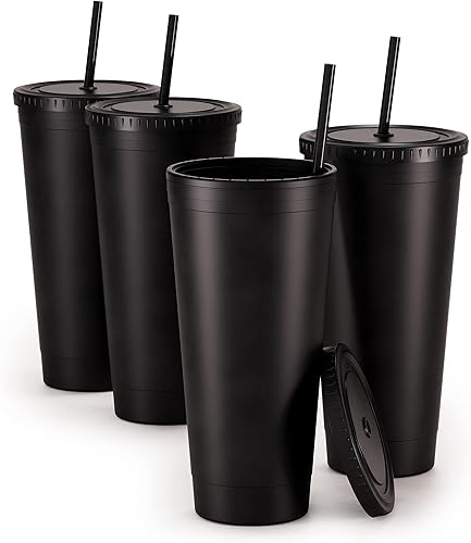 Maars - Vaso de viaje de acrĂlico con tapa y pajilla, reutilizable, de plástico, doble pared XL, de alta calidad, 32 onzas, negro mate, paquete de 4 Maars - Vaso de viaje de acrĂlico con tapa y pajilla, reutilizable, de plástico, doble pared XL, de alta calidad, 32 onzas, negro mate, paquete de 4