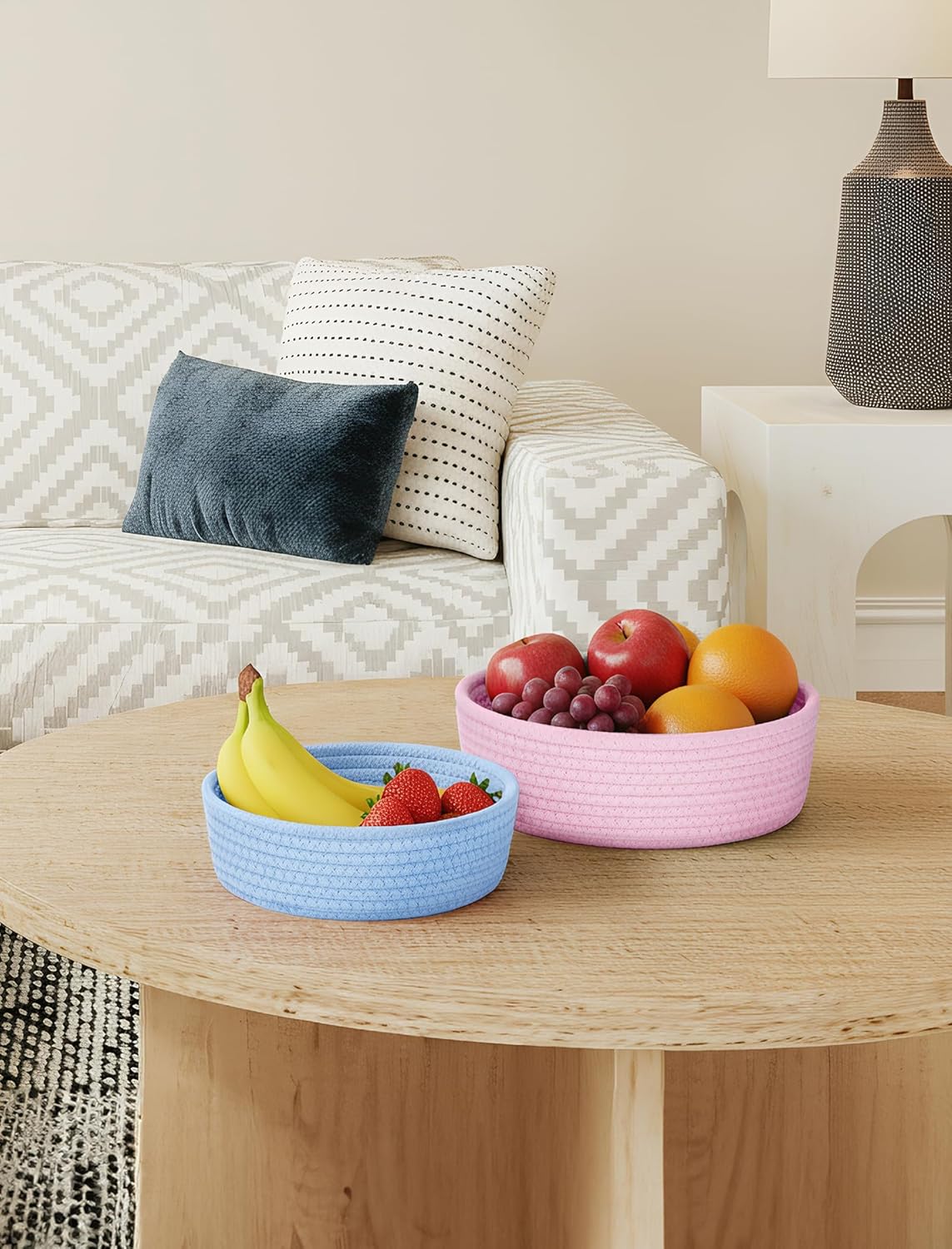 NiHome 5-Pack Round Cotton Rope Storage Baskets for Organizing, Cotton Rope Woven Bin Set in Assorted Sizes, Stackable Open Bins for Countertops, Shelves, Bedroom & Closet, Home Decor (Rainbow)