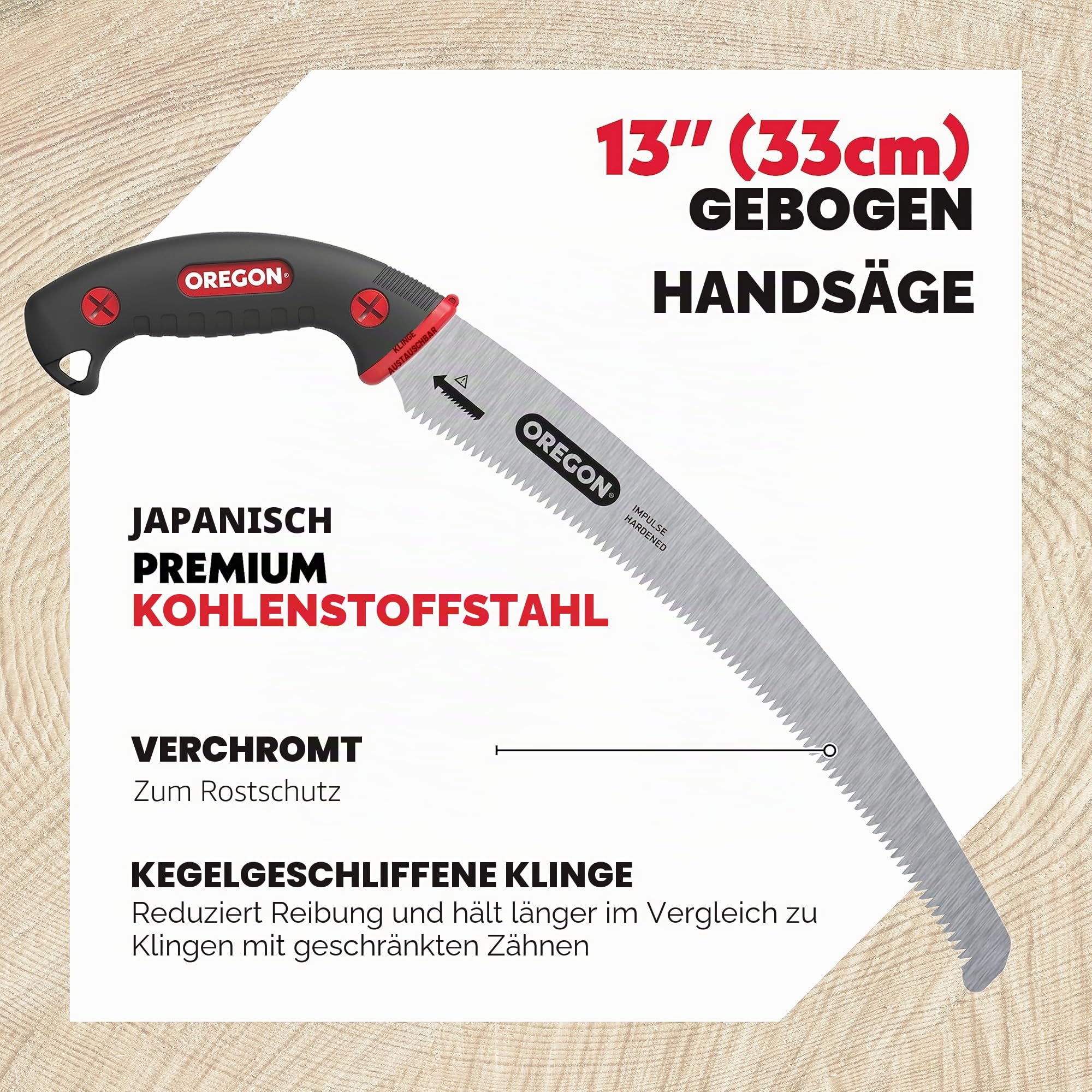 Oregon 13 Zoll Premium gebogene Handsäge aus Japanischem Karbonstahl, Rostfreies Forst-/Stutz-/Schnittwerkzeug, Geschwungene Klinge mit Sicherheitsscheide (600136)