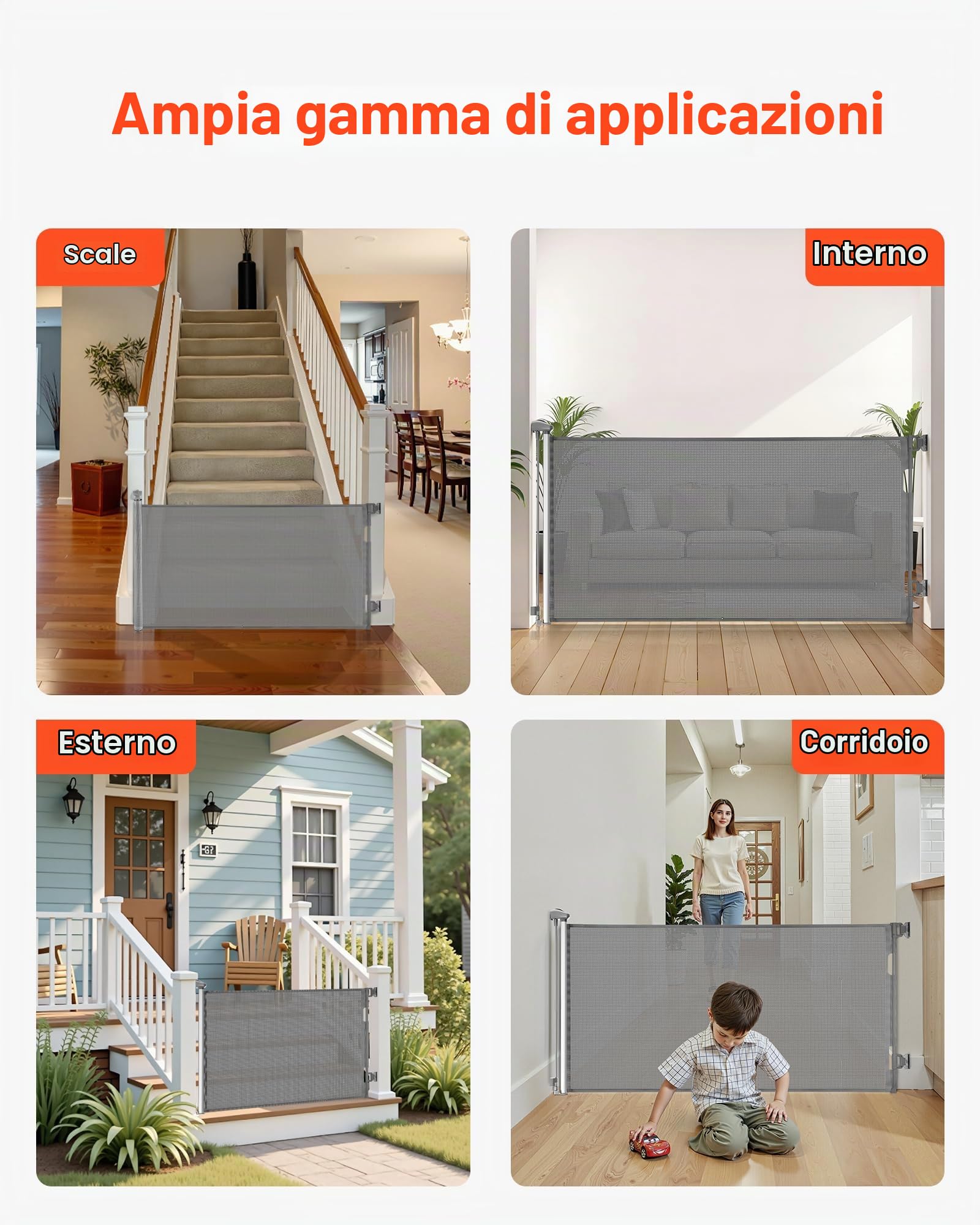 VEVOR Cancelletto Retrattile, Estensibile Fino a 1850 mm di Larghezza, 795 mm di Altezza, con Blocco di Sicurezza, Attraversabile Senza Inciampare, Cancelletto in Rete per Cani Scale, Grigio
