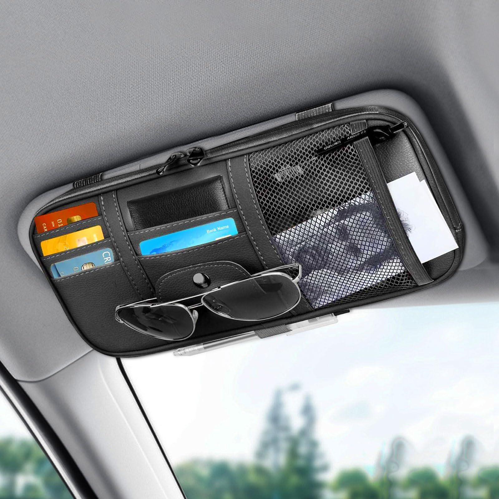 Linkstyle Car Sun Visor Organizer, Auto Interior Leather Storage Pocket Pouch, Sunglasses Holder for Car, Bag for Card License Registration Pen