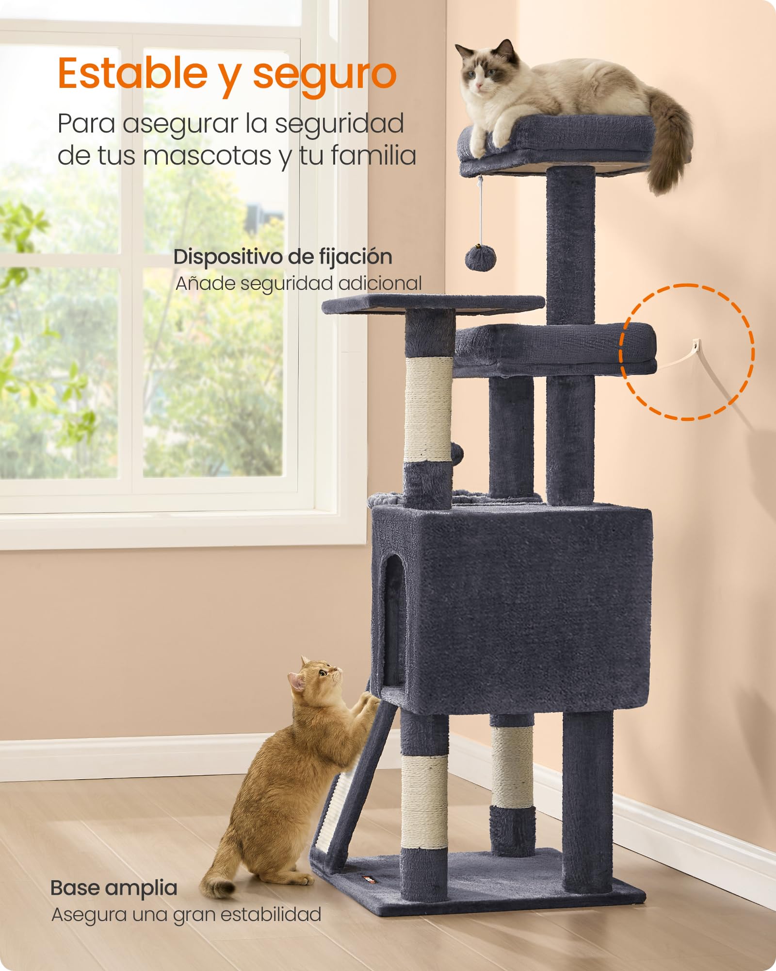 Feandrea Árbol para Gatos, Rascador de Gatos, Torre con Postes y Rampa Rascador, 3 Grandes Plataformas, 1 Cueva, 1 Hamaca, 2 Pompones, Altura 136 cm, Gris Oscuro PCT012GS01 — view 7