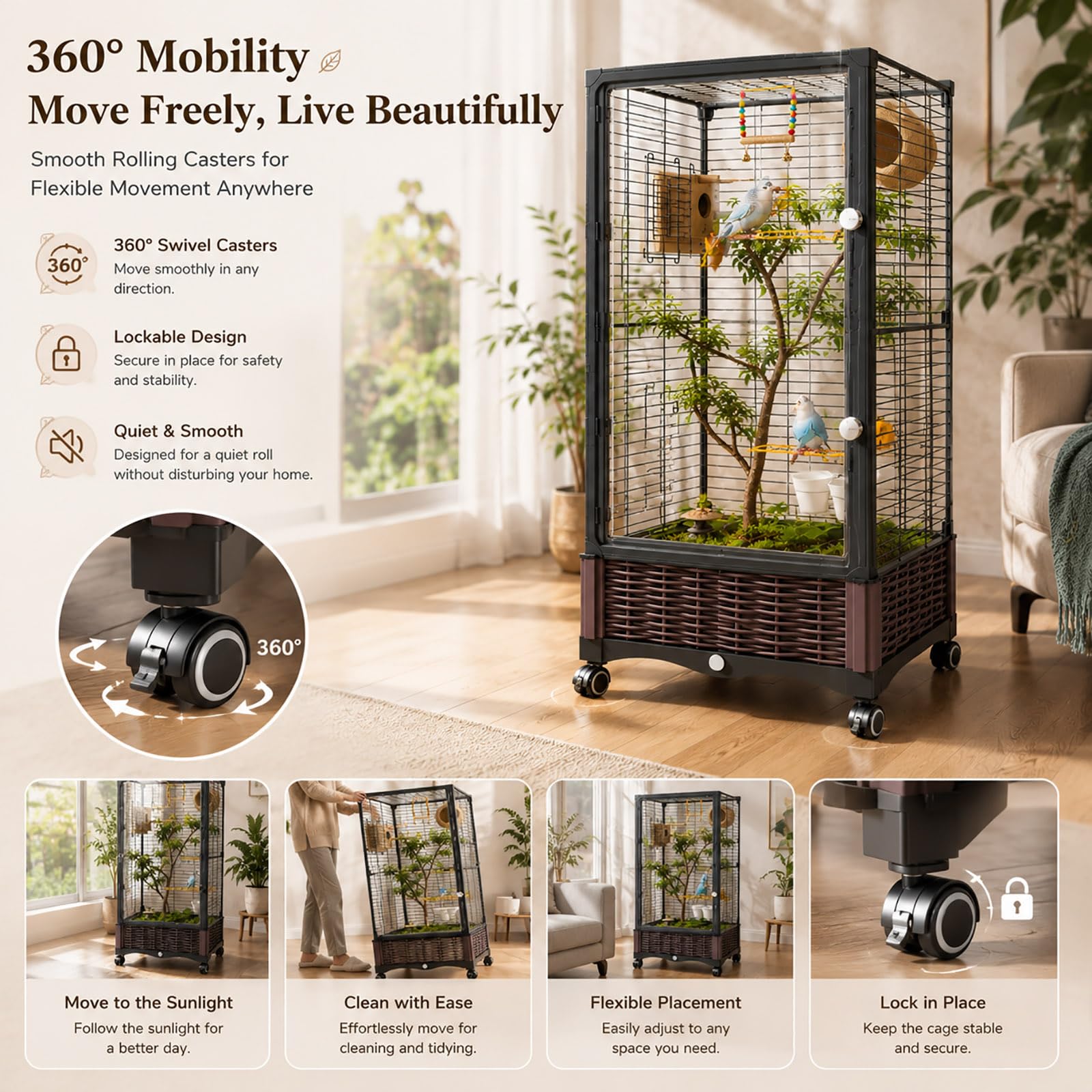 Jaula para Pájaros con Ruedas y Puerta Transparente de Acrílico, Voladera de Interior Moderna para Periquitos, Ninfas y Pájaros Pequeños, Jaula Decorativa con Ruedas L