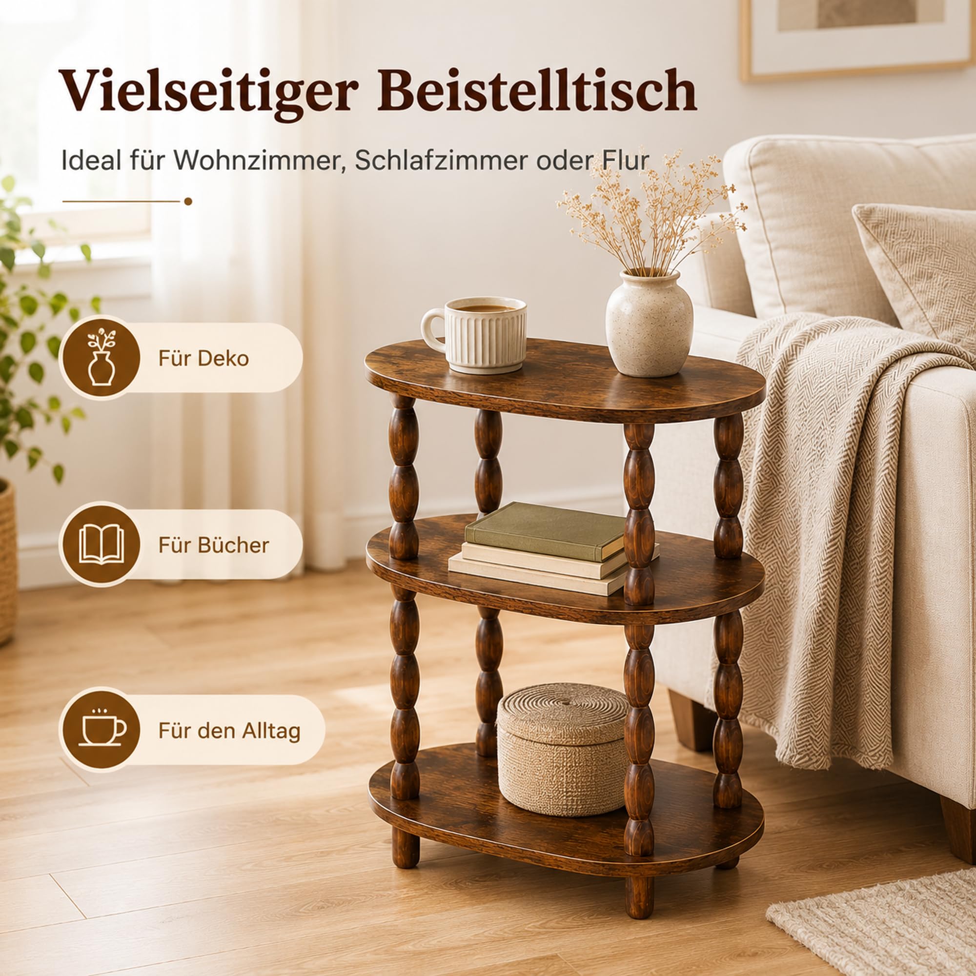 Beistelltisch 3 Ebenen, Oval, Klein, Vintage, Rustikales Braun | Nachttisch, Couchtisch mit Massivholzbeinen, Für Wohnzimmer & Schlafzimmer, 30 x 40 x 57 cm