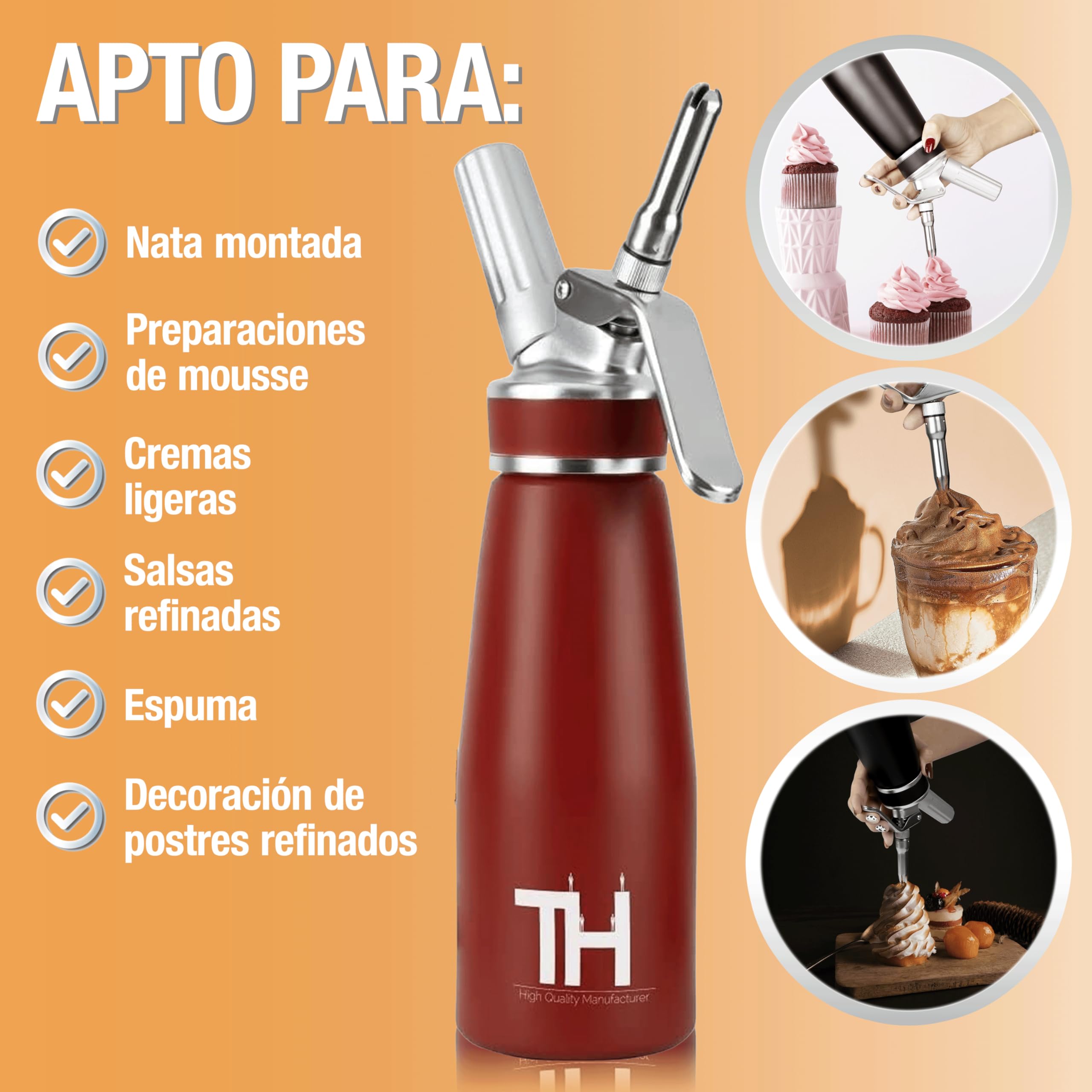 Thiru Sifón de cocina profesional - Dispensador de crema batida con boquillas de acero inoxidable - Sifón cocina con muchos extras (rojo)