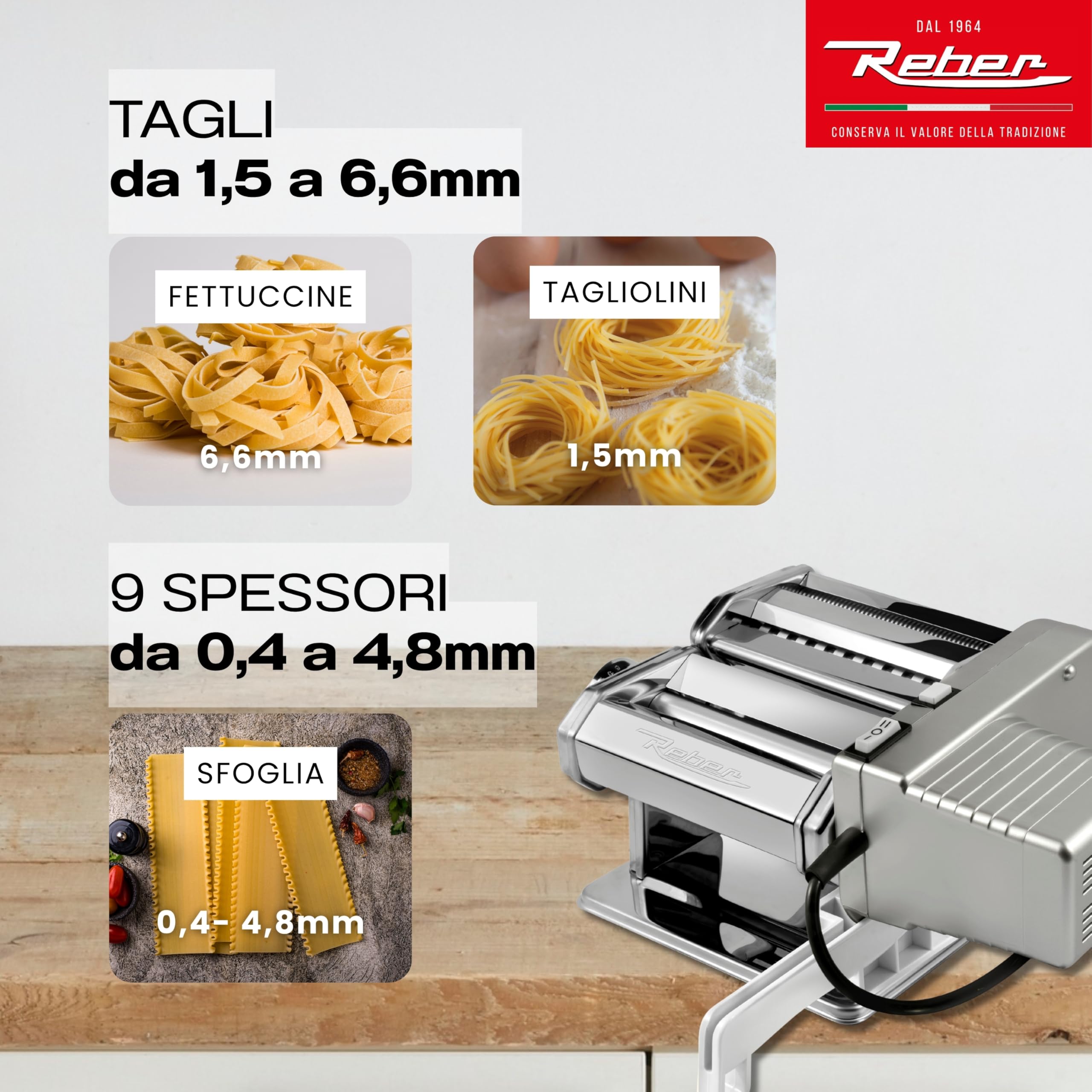 Reber Macchina per la Pasta Fresca Elettrica e Manuale 60 W, 2 Velocità | 9 Livelli di Spessore, Rulli da 150 mm, Sfogliatrice e Taglio Doppio 1,5 + 6,6 mm - PastaReber Kit Elettrico Silver