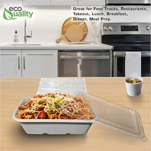 Miniatura 6 de EcoQuality Cuencos desechables de 22 onzas con tapas transparentes, cuencos rectangulares de papel biodegradable de fibra de caña de azúcar