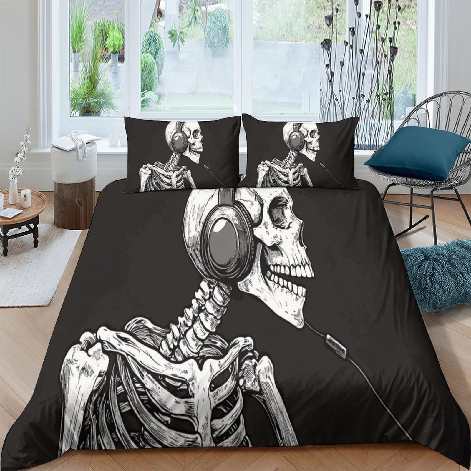 Ctjqhvkz Style-10 3D Printed Skeleton Headphone Fitted Sheet Microfiber Black Skull Mattress Cover For Bedroom Dorm Mattress Protection Decor Single（135X200cm）