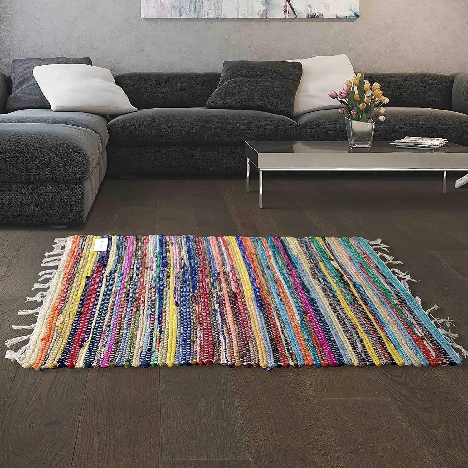 FB FunkyBuysFair Trade Large Small Multi Coloured Fringed Chindi Rag Rug Mat Carpet Runner - Choose from over Various Sizes! (70 x 140 cm)