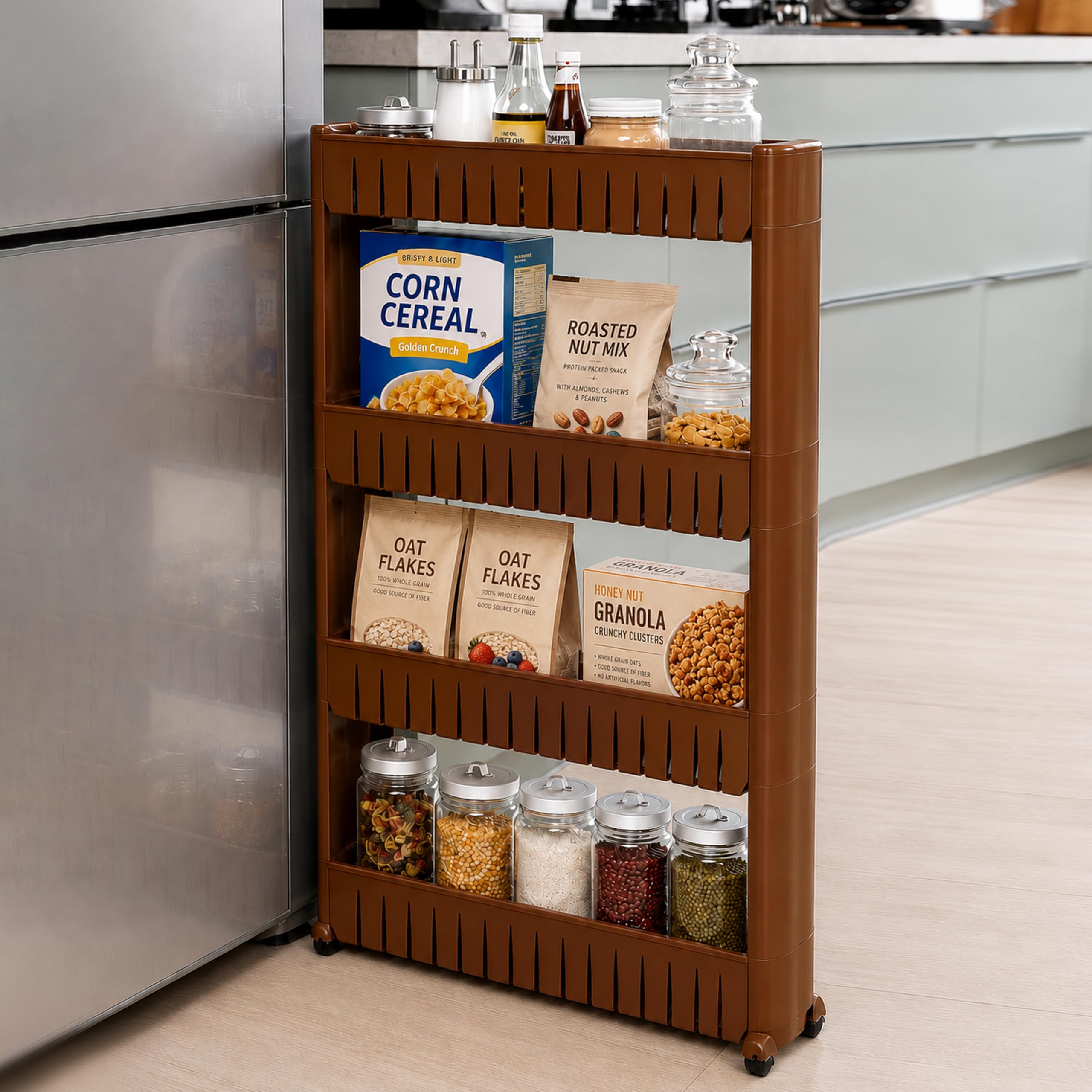 JD FRESH 4-Tier Slim Rolling Storage Organizer Rack/Fridge Side Storage Rack/Plastic Trolley Storage Stand with Wheels/Floor Standing Cabinet for Bathroom and Kitchen Corner Area (Brown)-picture-25