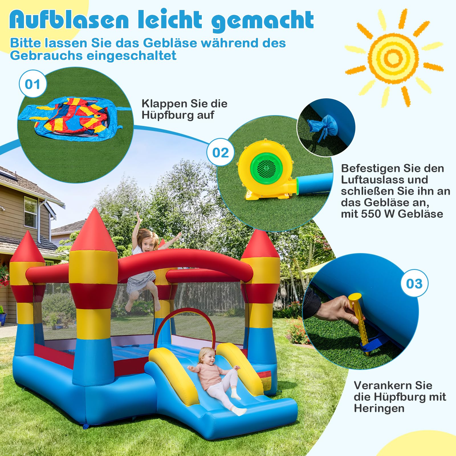 COSTWAY Hüpfburg mit 550W Gebläse, Rutsche und großem Sprungbereich, Kinder Springburg für Indoor & Outdoor, inkl. Tragetasche, Reparaturset, 380 x 280 x 221 cm