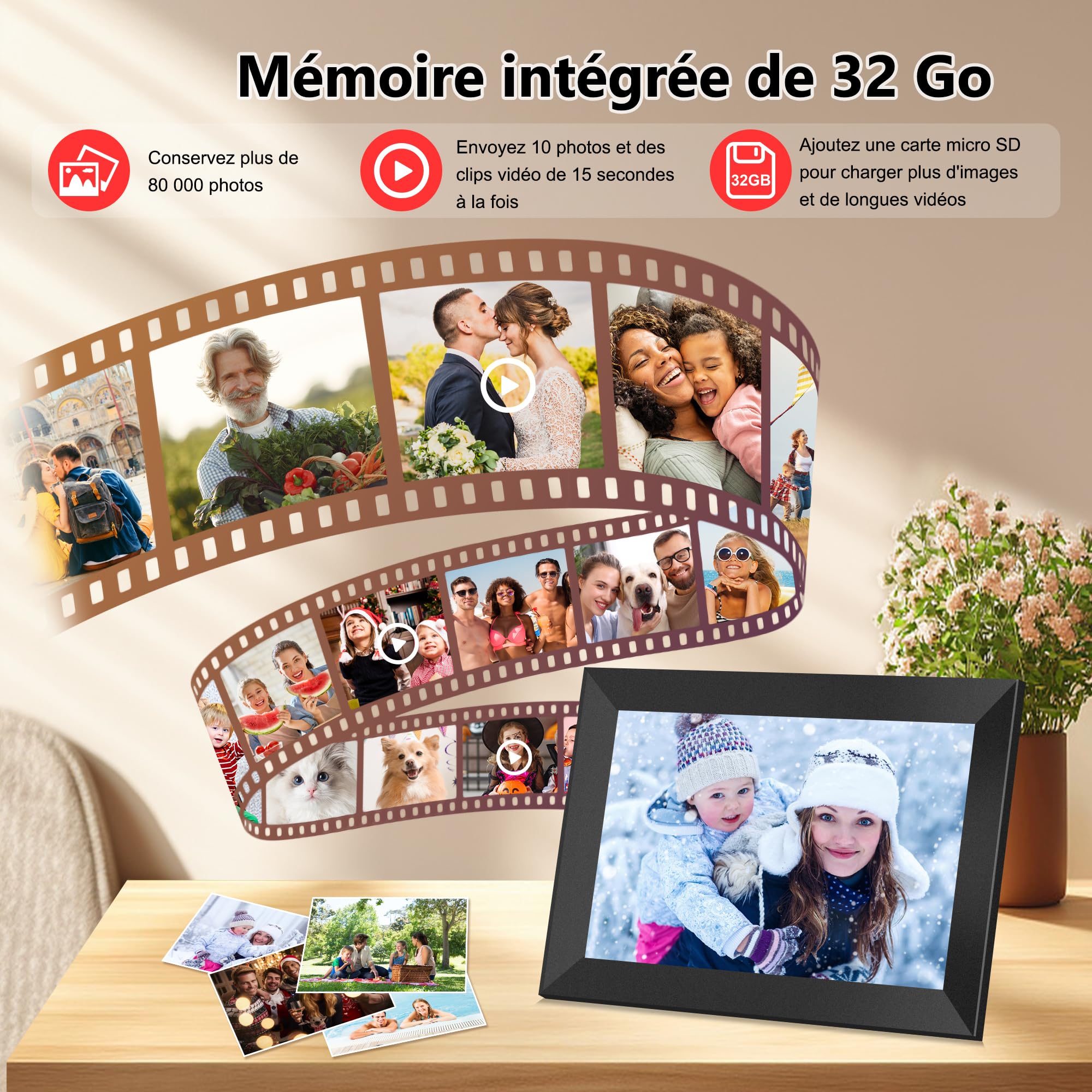 Frameo Cadre Photo Numérique 10,1 Pouces Wi-FI 32 Go, Écran Tactile IPS LCD 1280 x 800P, Cadre Photo Intelligent Cloud avec Rotation Automatique et Audio, Partagez Photos/Vidéos Instantanément (Noir)