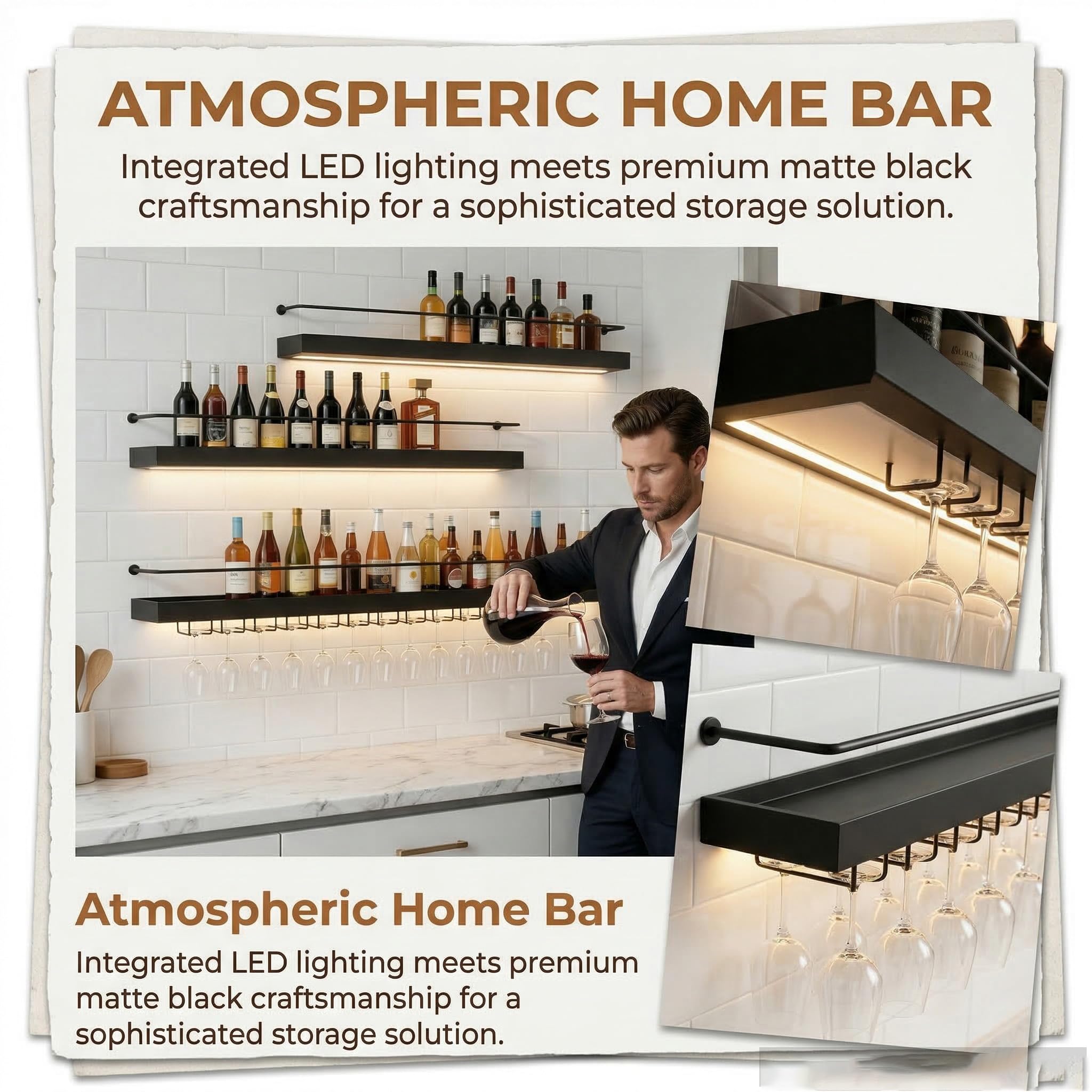 Alkmla180CM Estante Metálico de Vinos de Pared con Luces LED,Negro