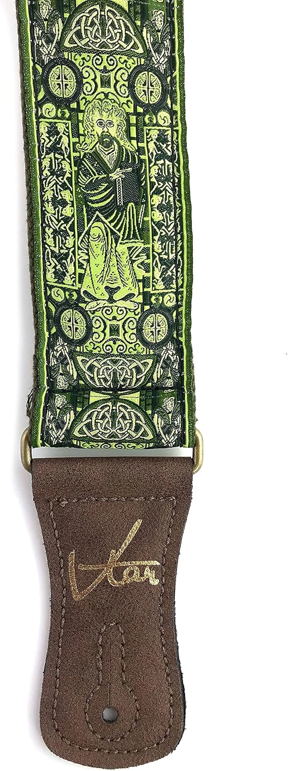 1to1 Music Vtar Guitar Strap -Green Irish Celtic Book of Kells Handmade with Vegan Leather