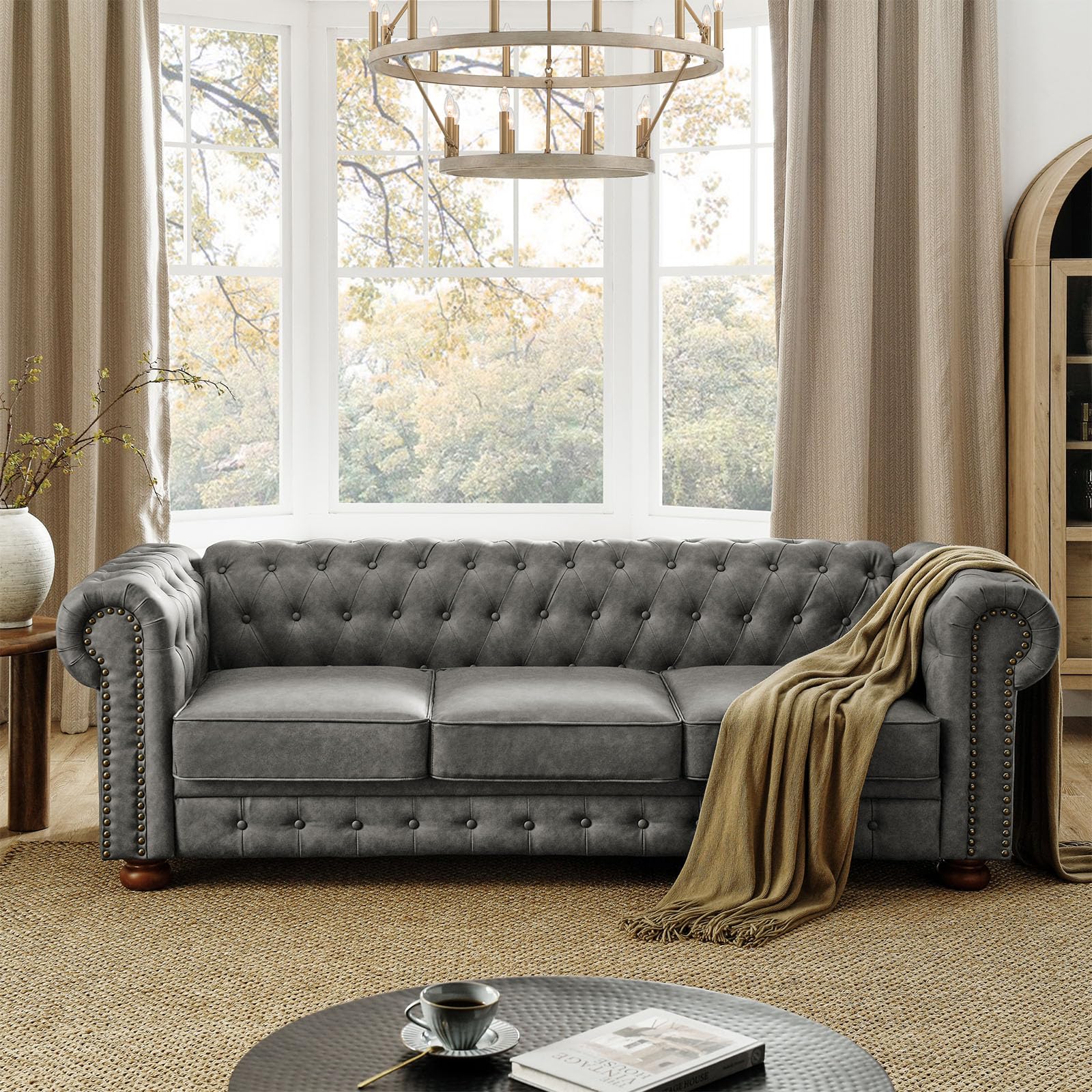 ピース　チェスターフィールド　アメリカ Amazon.com: 88.5-inch Chesterfield Sofa, PU Faux Leather