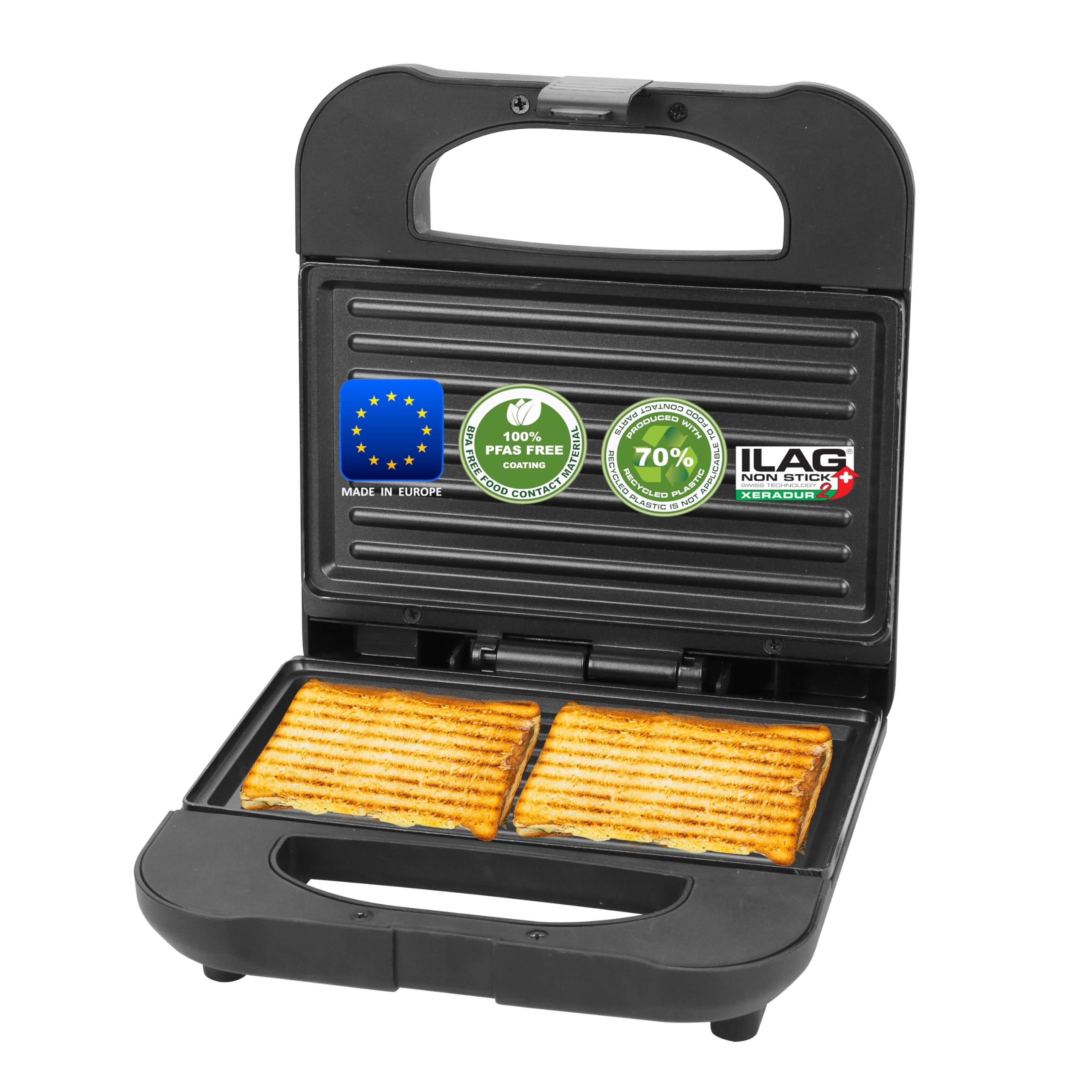 Emerio Paninigrill - Paninigrill | Made in Europe | Rivestimento antiaderente senza BPA e PFAS di ILAG (Xeradur 2) | realizzato in circa il 70% plastica riciclata, molto sostenibile, 700 W | ST-130038