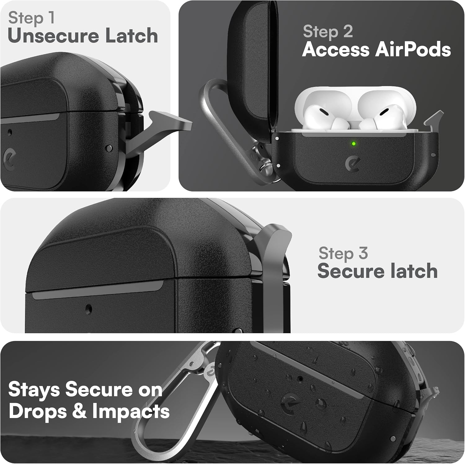 Keybudz for AirPods Pro 2 Case with Lock - Fully Waterproof AirPods Pro 2nd Generation Case Cover - Keychain, Rugged Tough Protection, Hard Shell and Carabiner for USB-C/Lightning (Carbon Black)