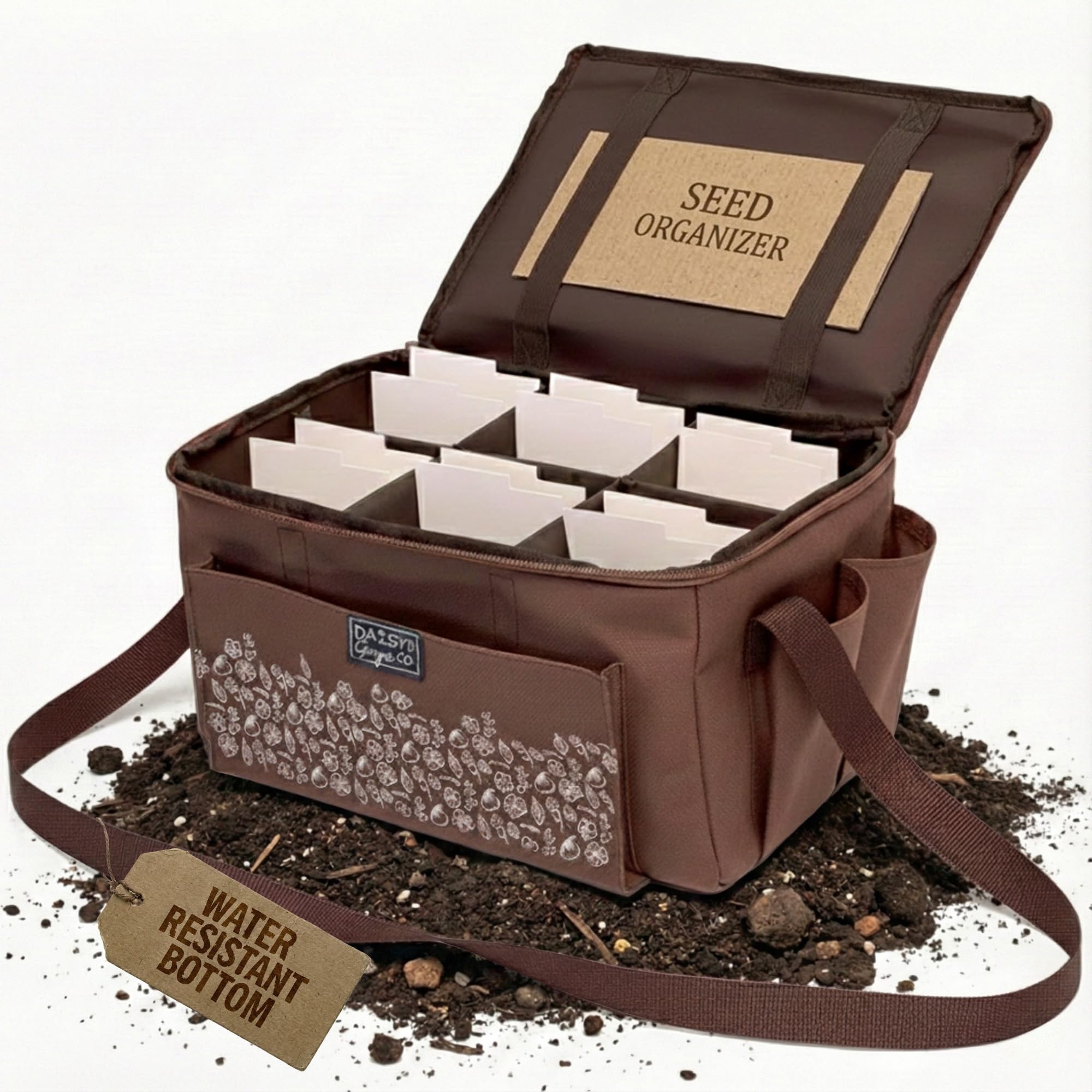 SEED STORAGE ORGANIZER TOTE BAG - Flexible Canvas Seed Organizer Holds 180 Seed Packets with Shoulder Strap, Side Pockets and 12 reusable Tabs for