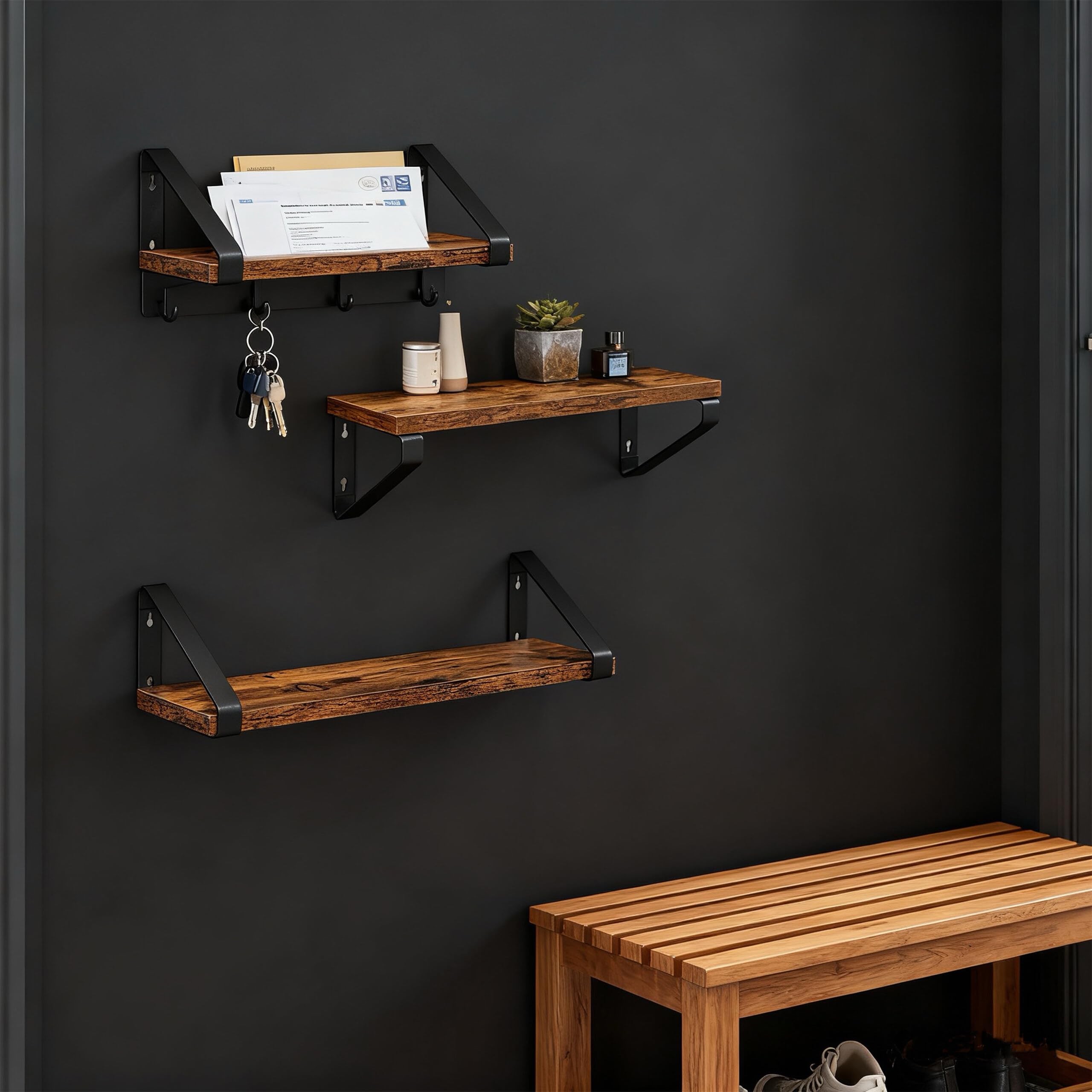 Relaxdays Zestaw 3 półek ściennych, drewno i metal, 30/35/40 cm, na książki i dekoracje, brązowy