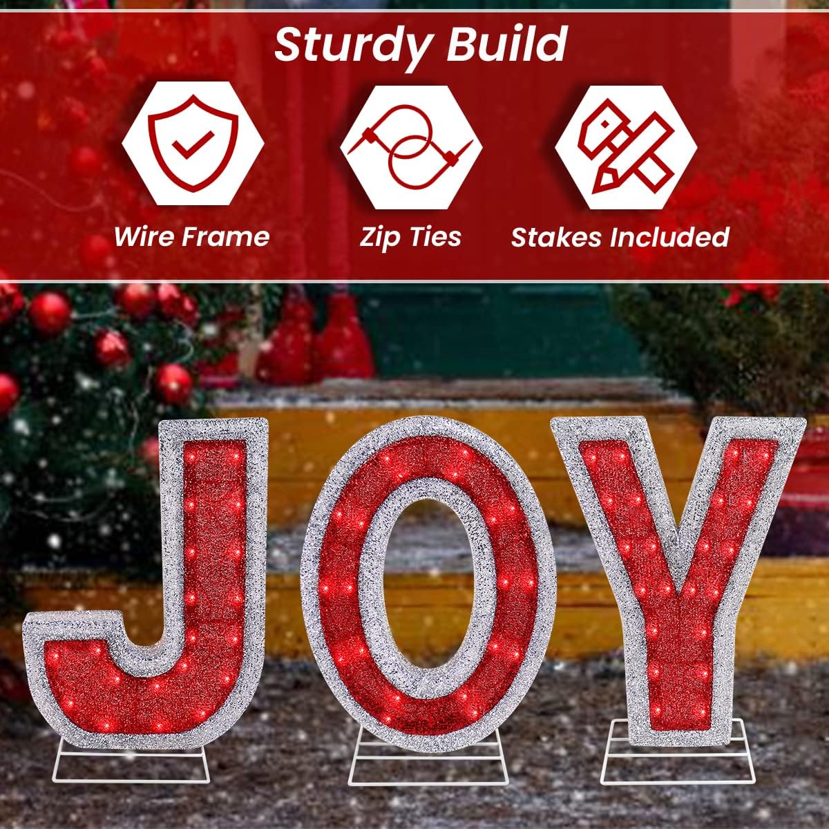 Joy Nativity Decoration - Outdoor Christmas Set for Christmas Indoor Lawn - Religious Scene Yard Sign Decor with Stakes for Home - 18.5” Tall Pre-Lit 60 Lights (Set of 3)