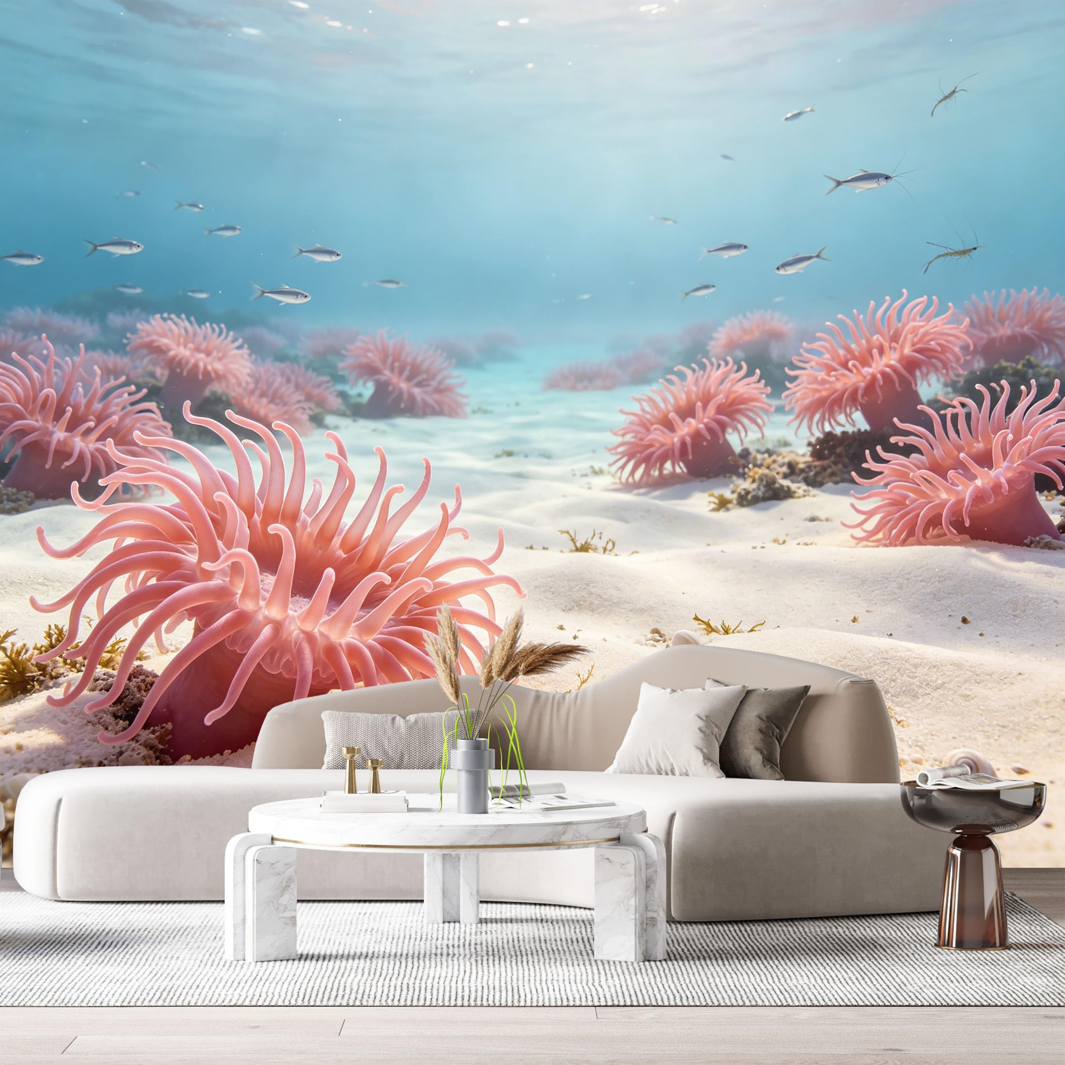 Custom Size Wall Murals Ocean Marine Pink Sea Anemone Tropical Fish Underwater Sandy Seafloor SelfAdhesiveWall Fabric Removable Wallpaper Wall Decor for Living Room Bedroom Bathroom