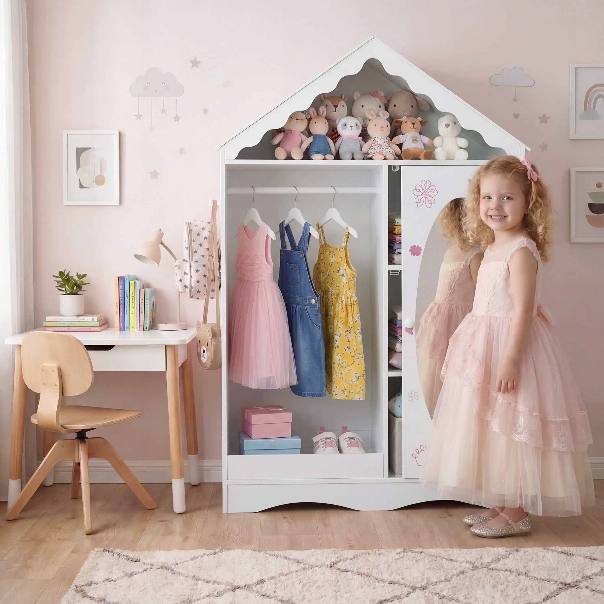 RELAX4LIFE Kinder Kleiderschrank, Kindergarderobe mit Spiegel, Kinderschrank in Hausform mit Kleiderstange, Ablagefächer & Haken, Kleiderständer für Kinderzimmer, für Mädchen ab 3 Jahren (Weiß)